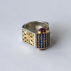 Georgios Collections 18 Karat Gold and Silver Ring with Sapphire and Tourmalines