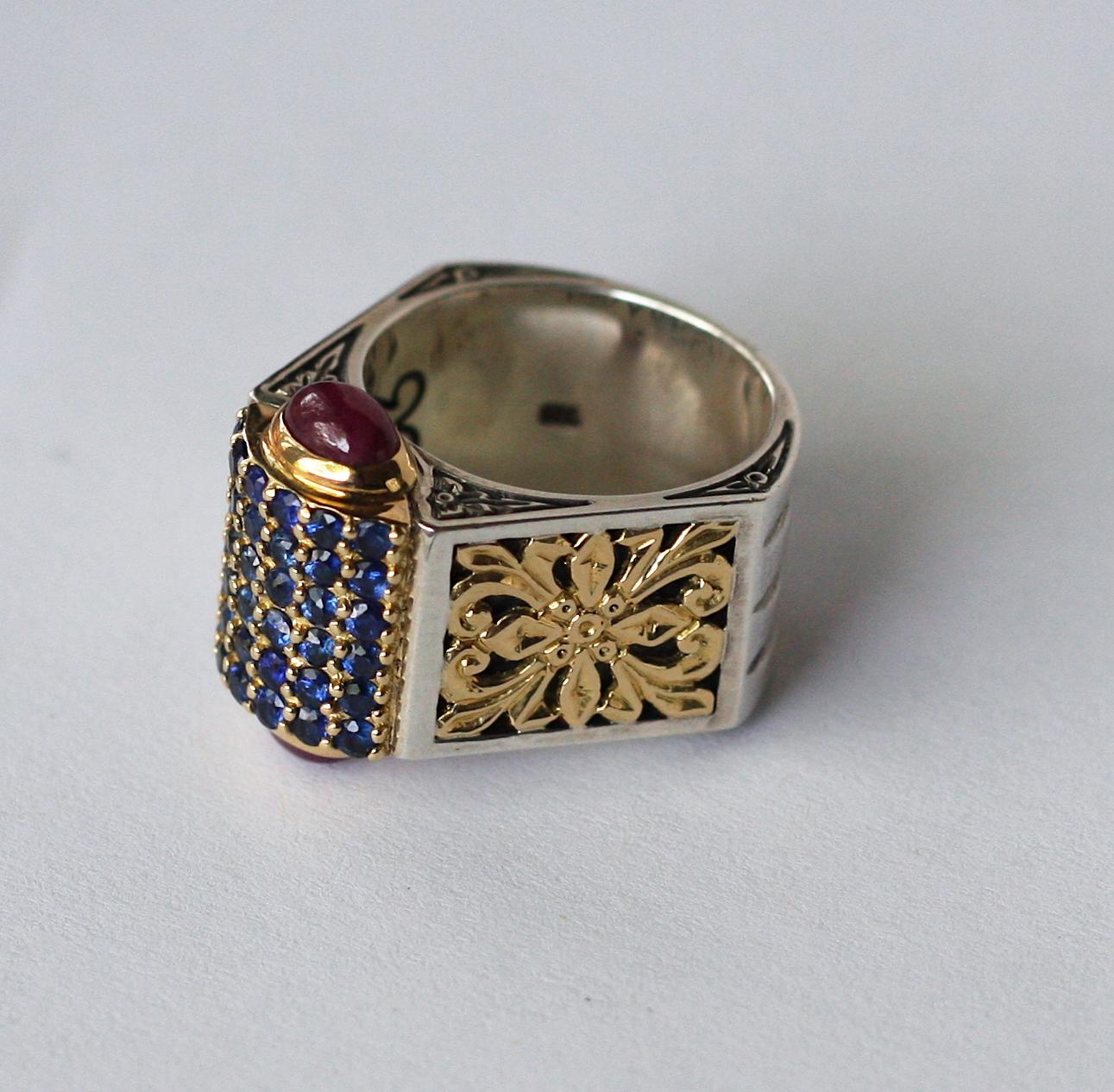 Contemporary Georgios Collections 18 Karat Gold and Silver Ring with Sapphire and Tourmalines For Sale