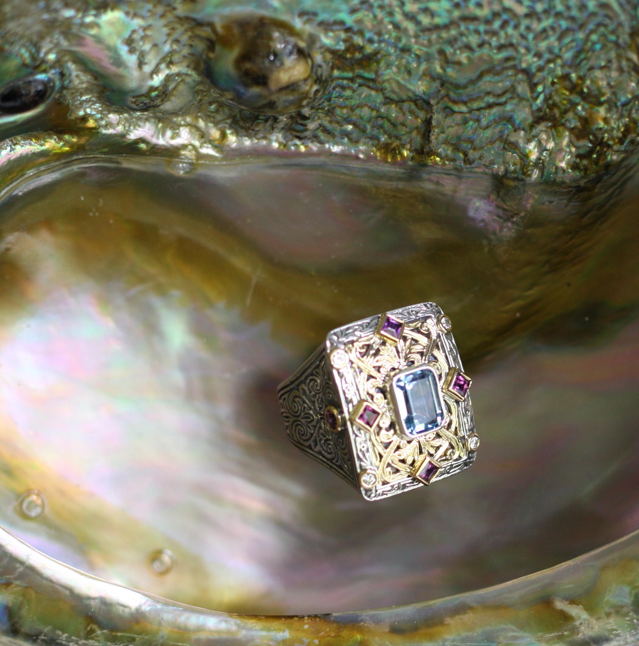 Georgios Collections 18 Karat Gold and Silver Tourmalines and Diamonds Wide Ring For Sale 5