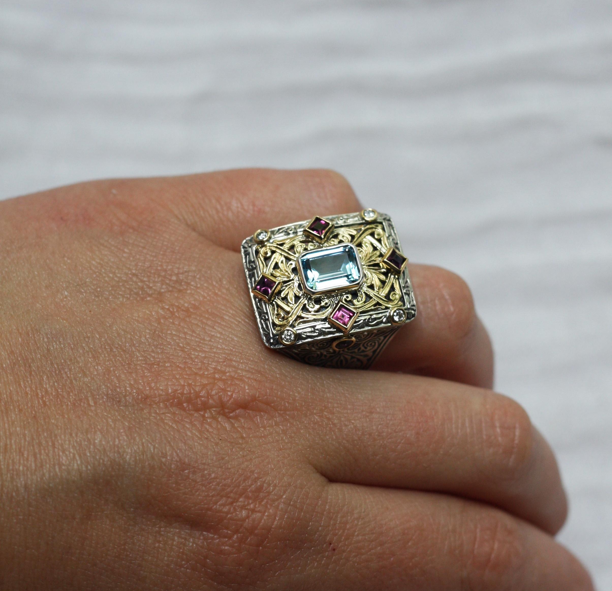 Contemporary Georgios Collections 18 Karat Gold and Silver Tourmalines and Diamonds Wide Ring For Sale