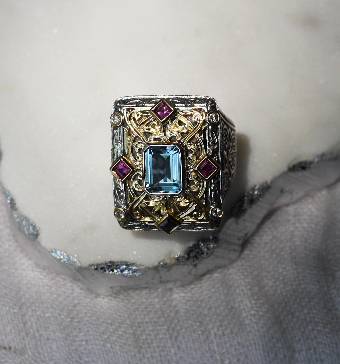 Georgios Collections 18 Karat Gold and Silver Tourmalines and Diamonds Wide Ring In New Condition For Sale In Astoria, NY