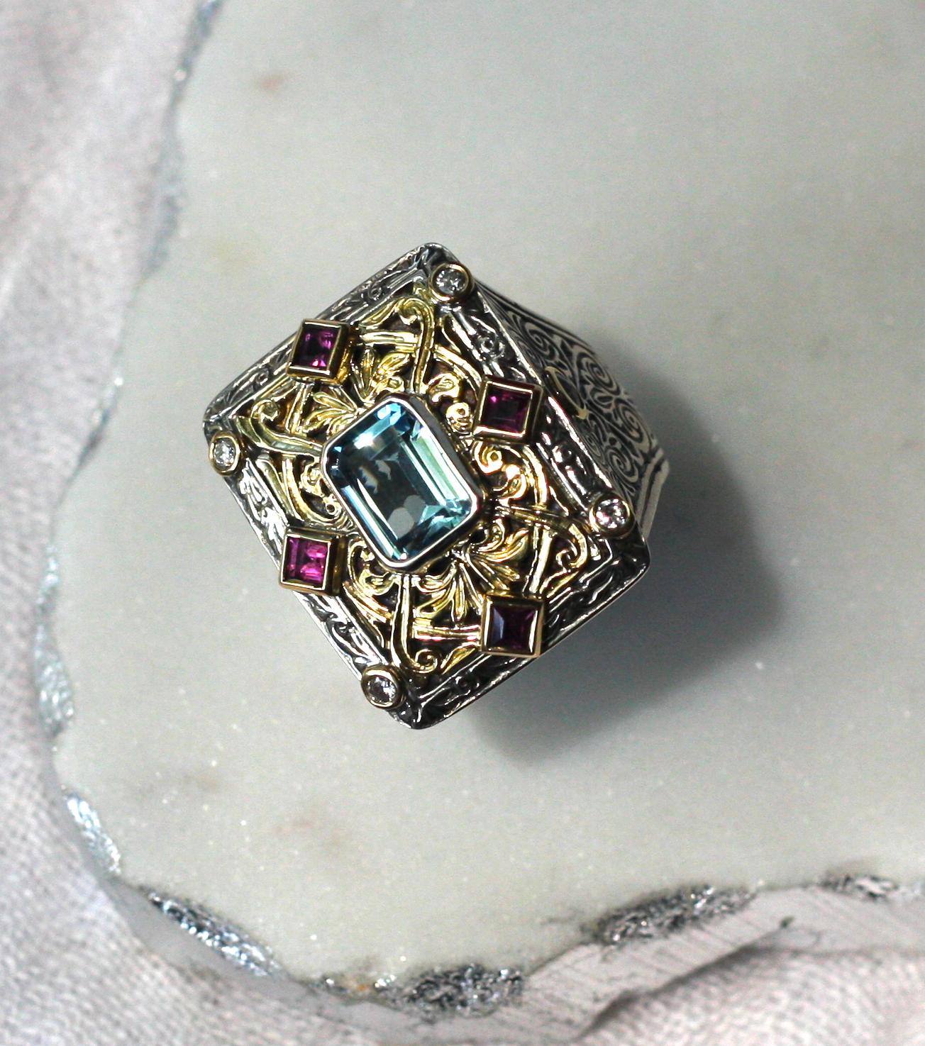 Women's or Men's Georgios Collections 18 Karat Gold and Silver Tourmalines and Diamonds Wide Ring For Sale