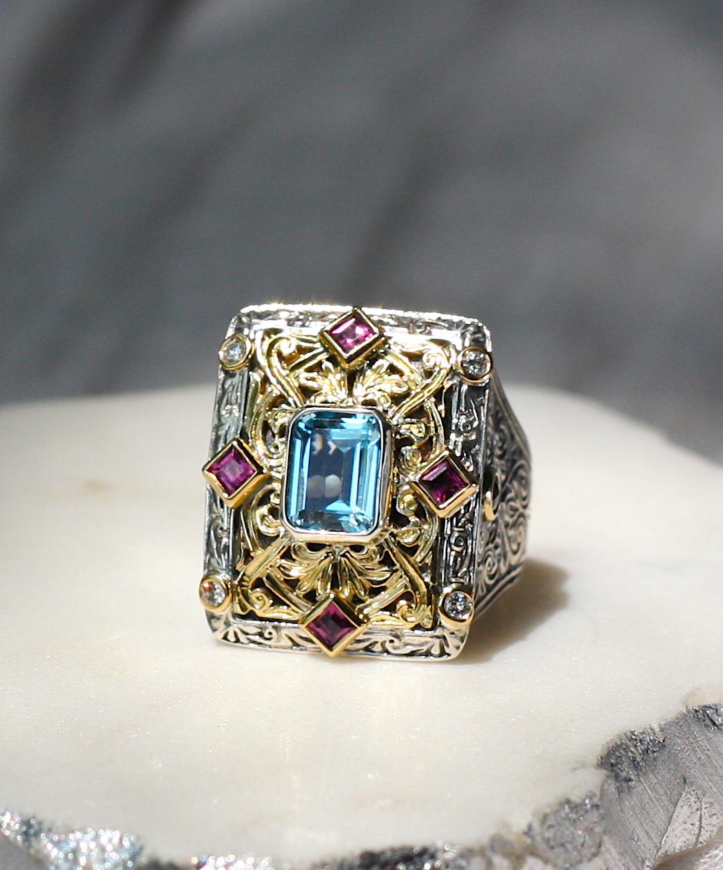 Anello largo con tormaline e diamanti in oro e argento 18 carati Georgios Collections in vendita 3
