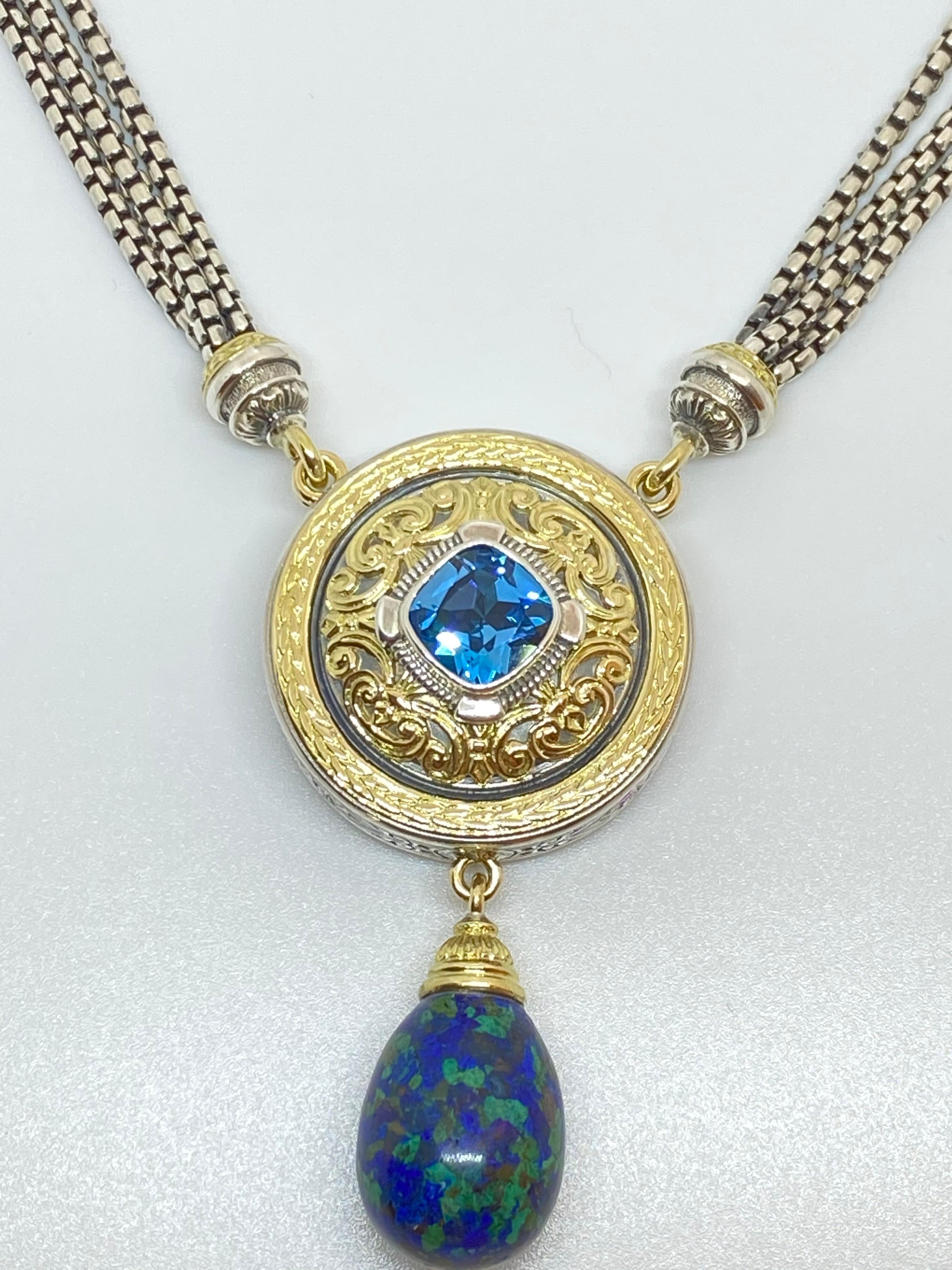 Georgios Kollektionen 18 Karat Gold und Silber Topas und Lapis Anhänger Halskette (Byzantinisch) im Angebot