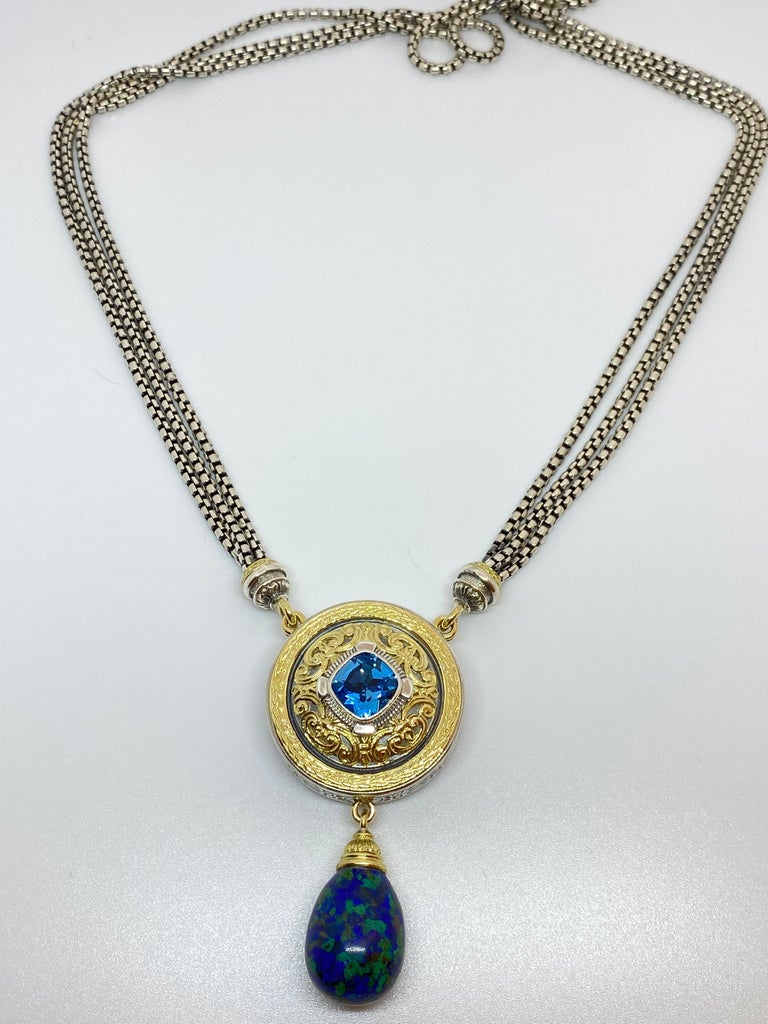 Georgios Collections 18 Karat Gold and Silver Topaz and Lapis Pendant Necklace In New Condition For Sale In Astoria, NY