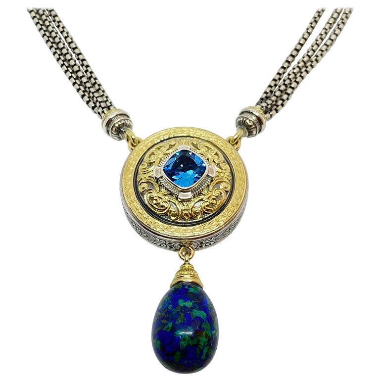 Georgios Collections 18 Karat Gold and Silver Topaz and Lapis Pendant Necklace For Sale