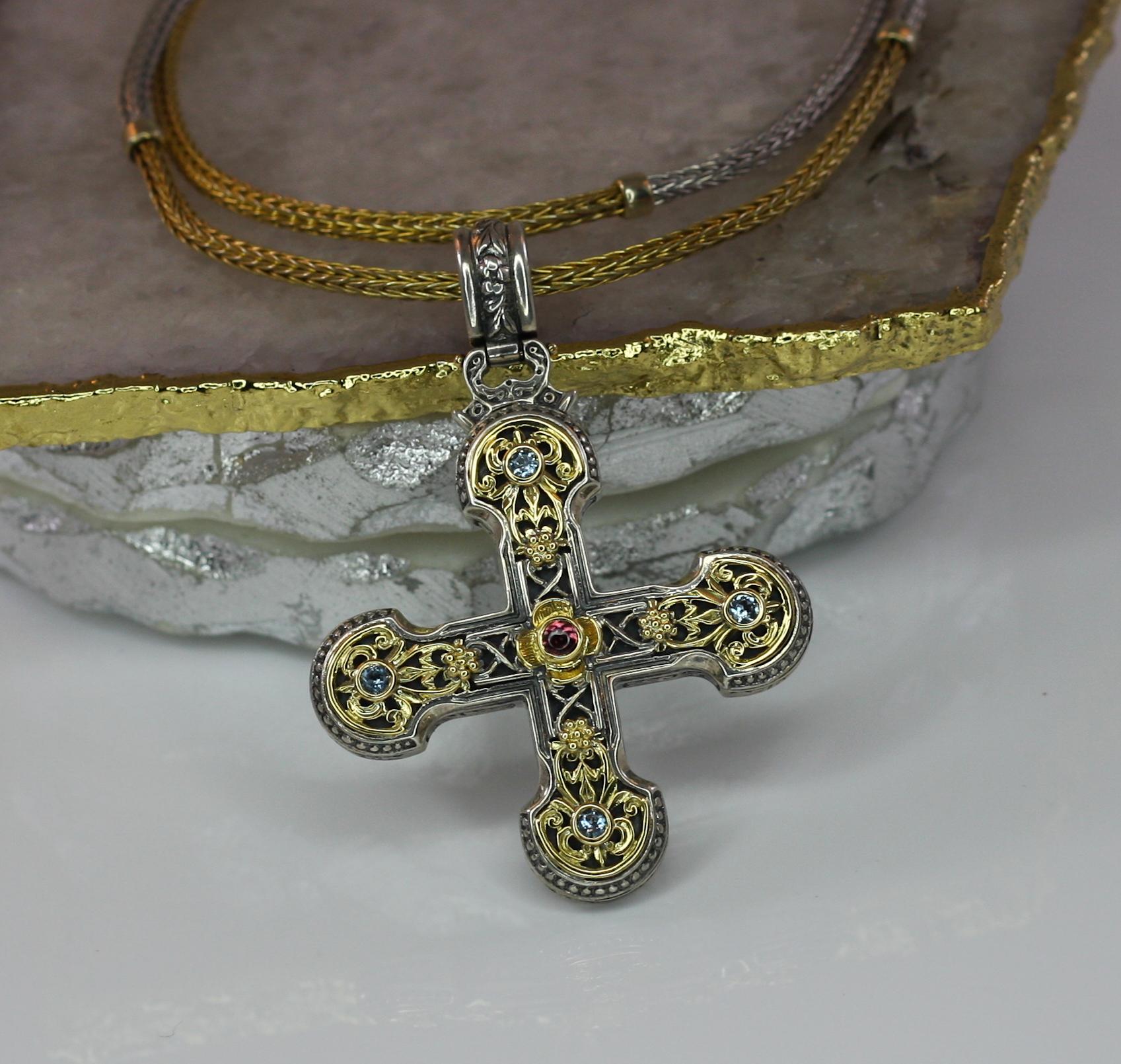 Georgios Collections 18 Karat Gold and Silver Tourmaline and Topaz Cross Pendant For Sale 4