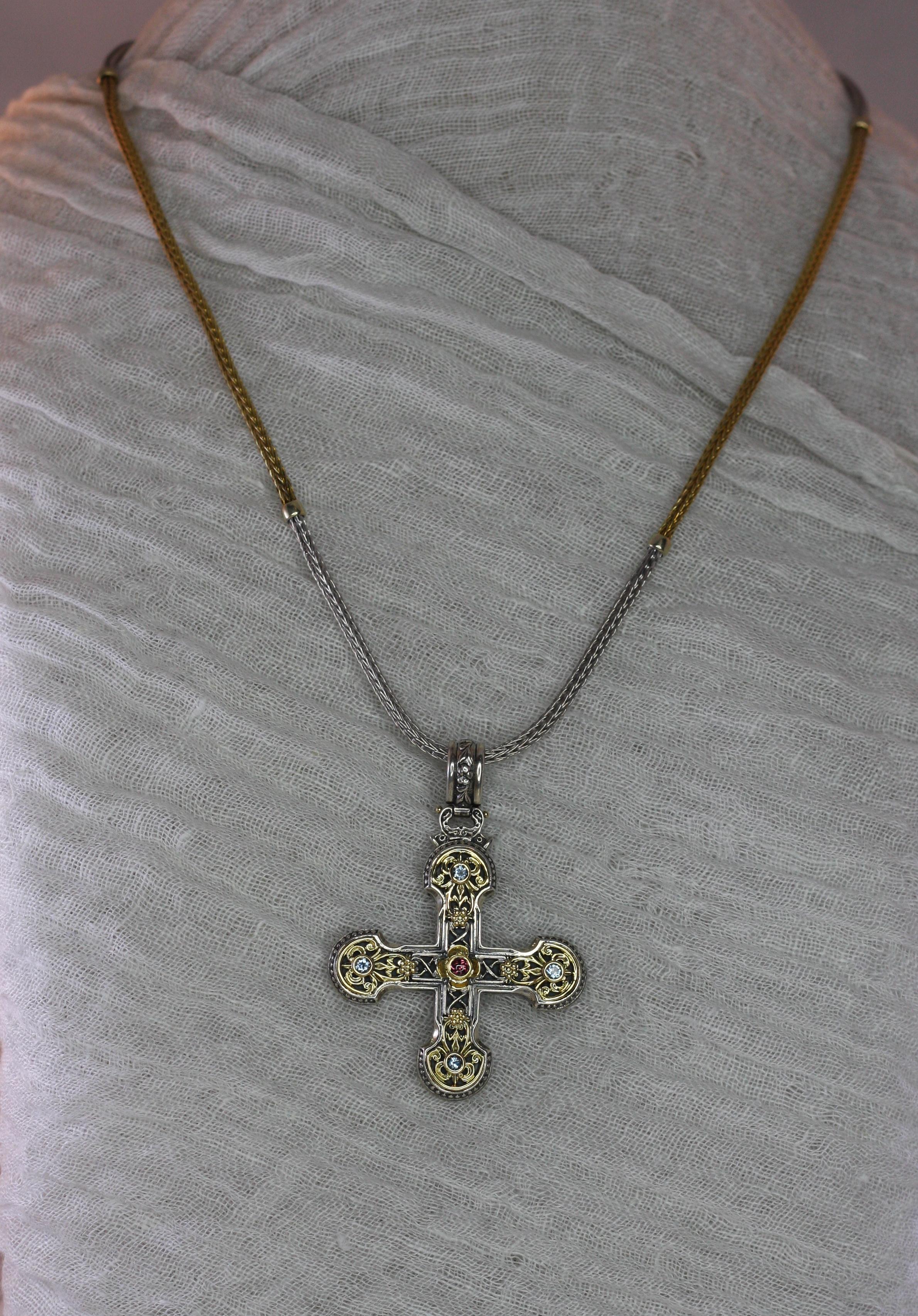 Contemporary Georgios Collections 18 Karat Gold and Silver Tourmaline and Topaz Cross Pendant For Sale