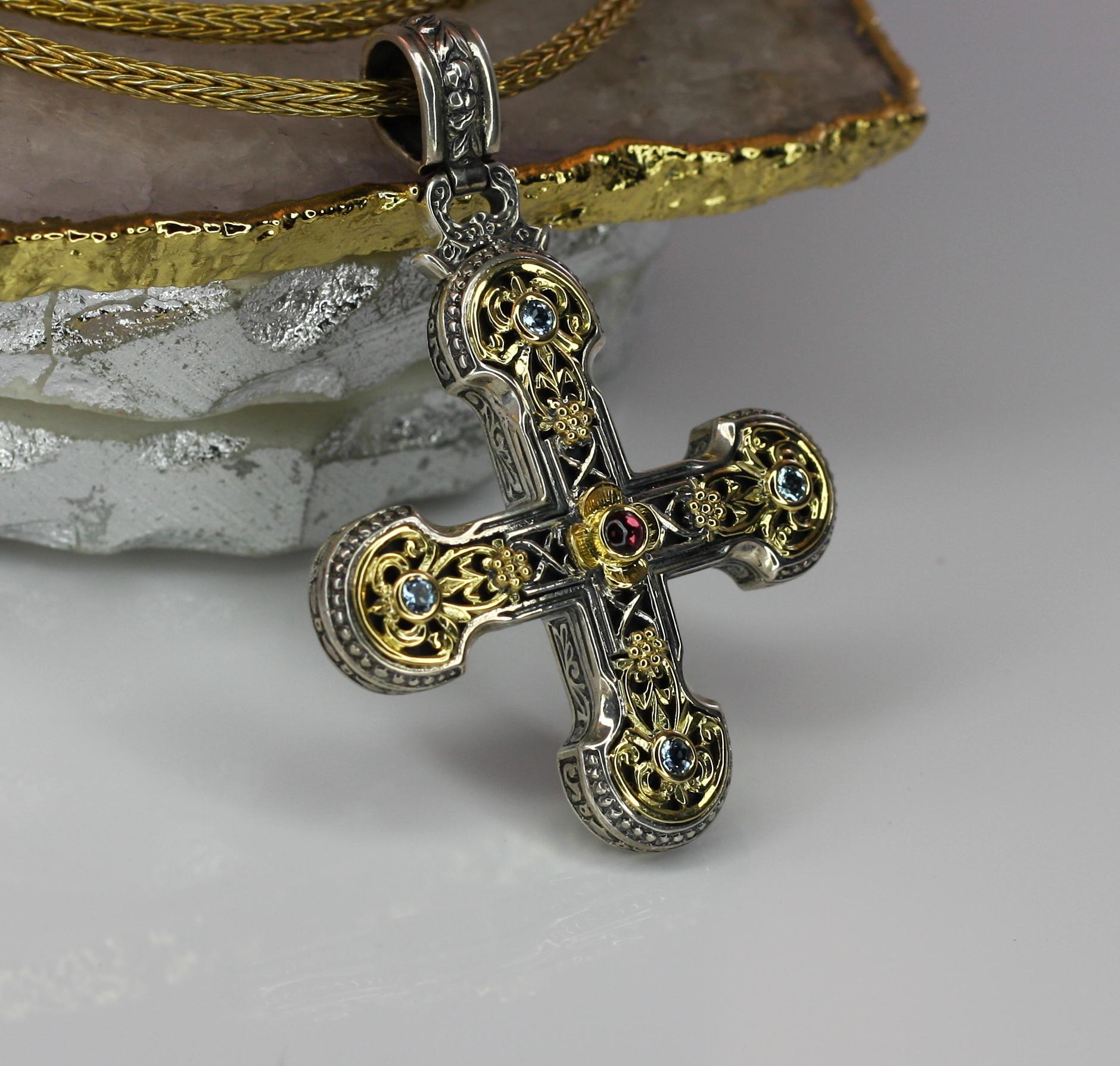 Georgios Collections 18 Karat Gold and Silver Tourmaline and Topaz Cross Pendant In New Condition For Sale In Astoria, NY