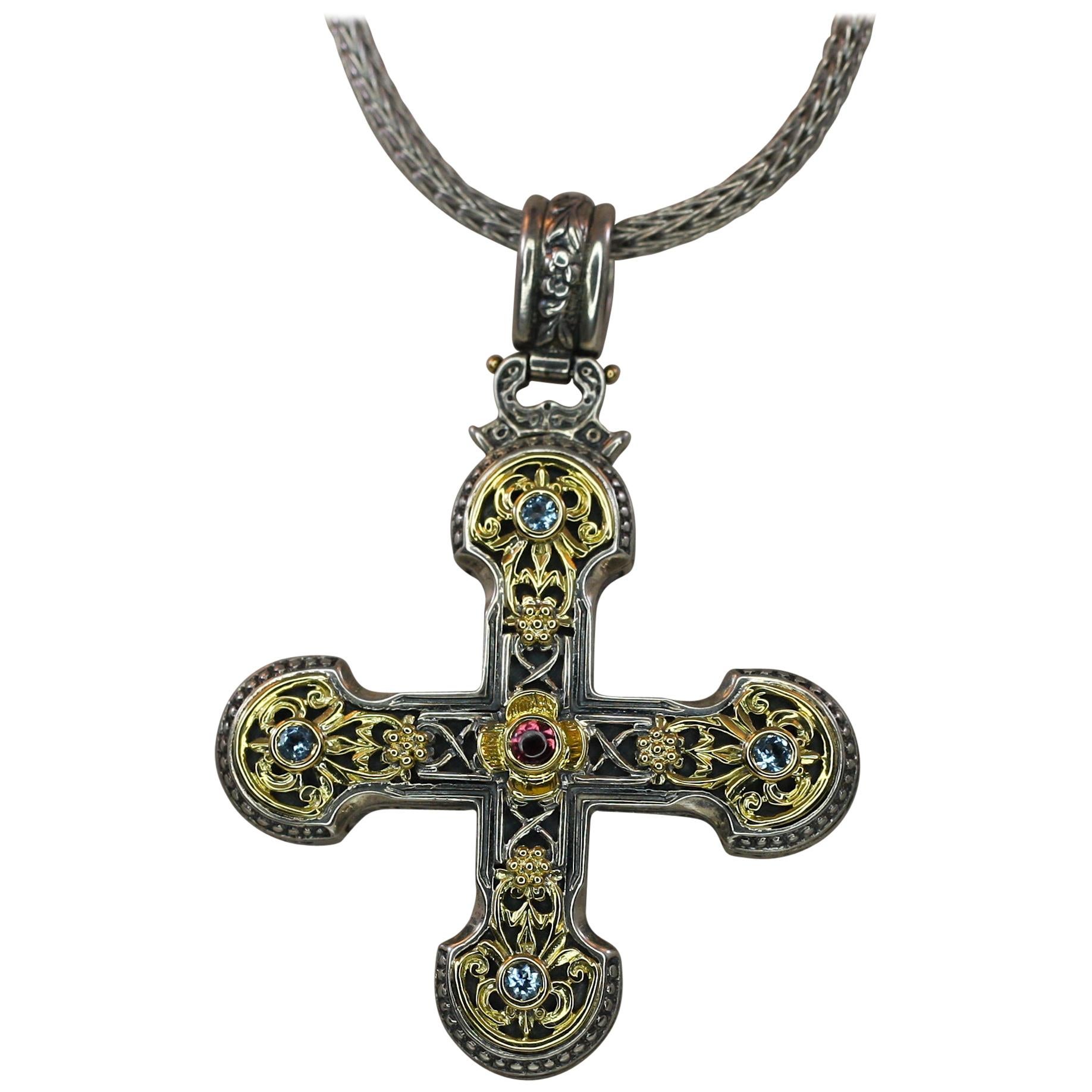 Georgios Collections 18 Karat Gold and Silver Tourmaline and Topaz Cross Pendant