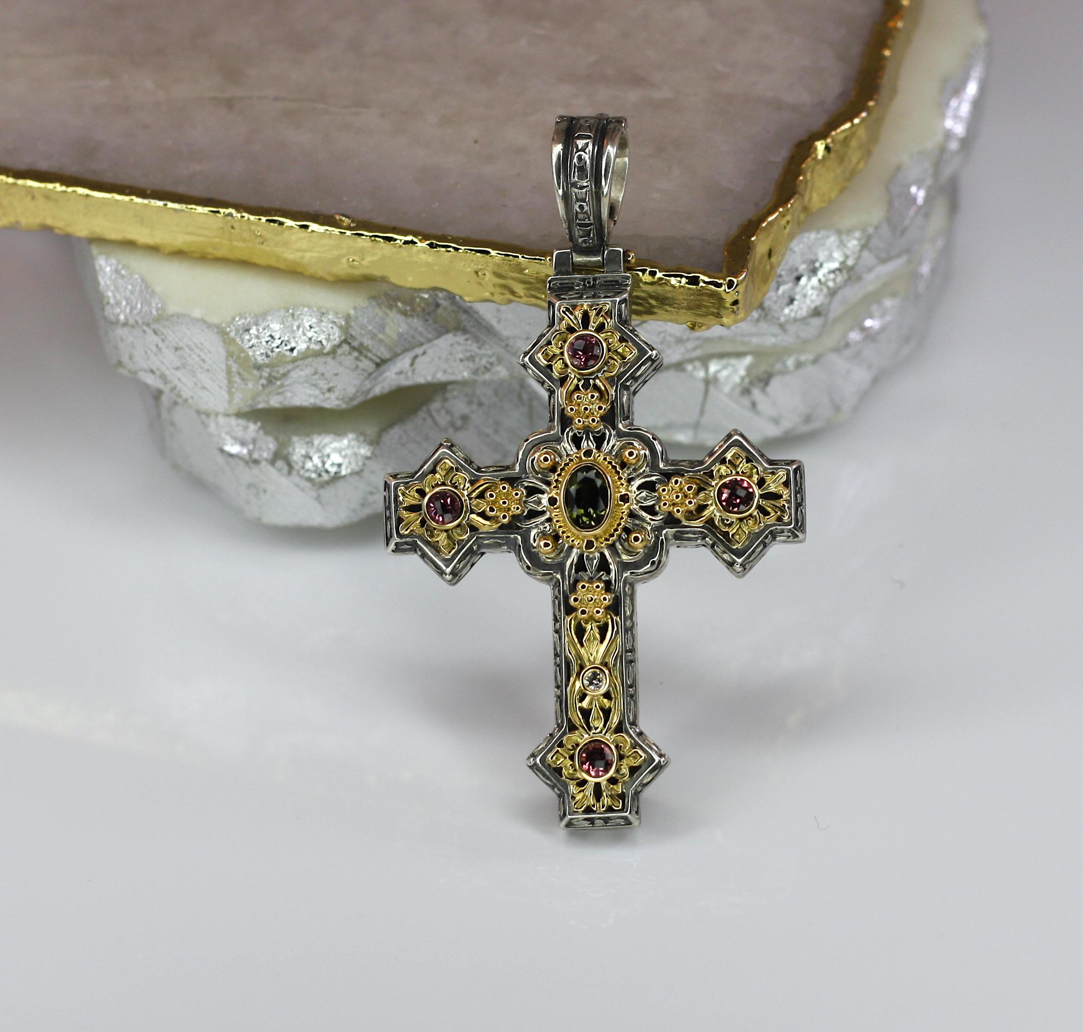 Georgios Collections 18 Karat Gold and Silver Tourmaline Diamond Cross Pendant 5
