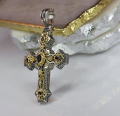 Georgios Collections 18 Karat Gold and Silver Tourmaline Diamond Cross Pendant