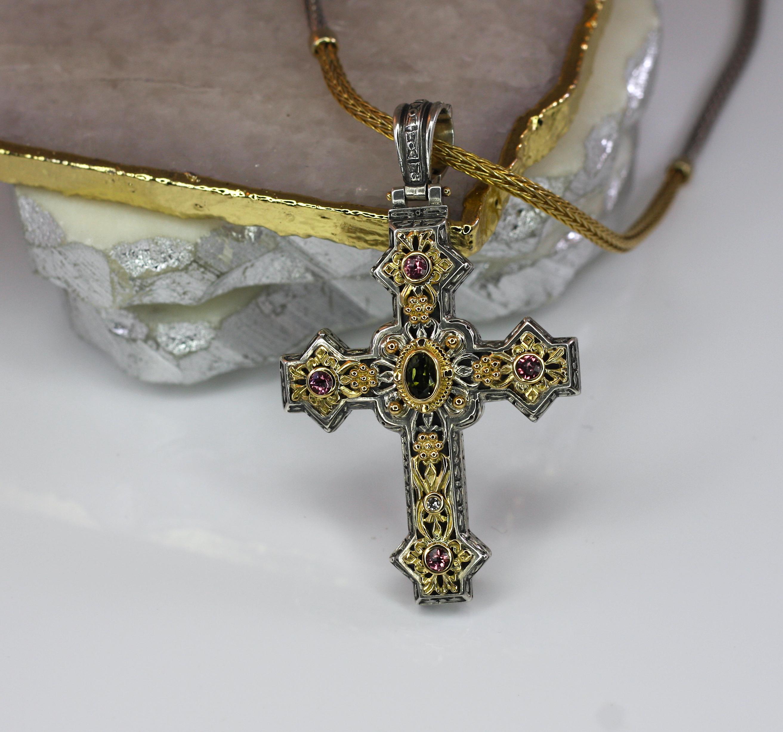 Contemporary Georgios Collections 18 Karat Gold and Silver Tourmaline Diamond Cross Pendant