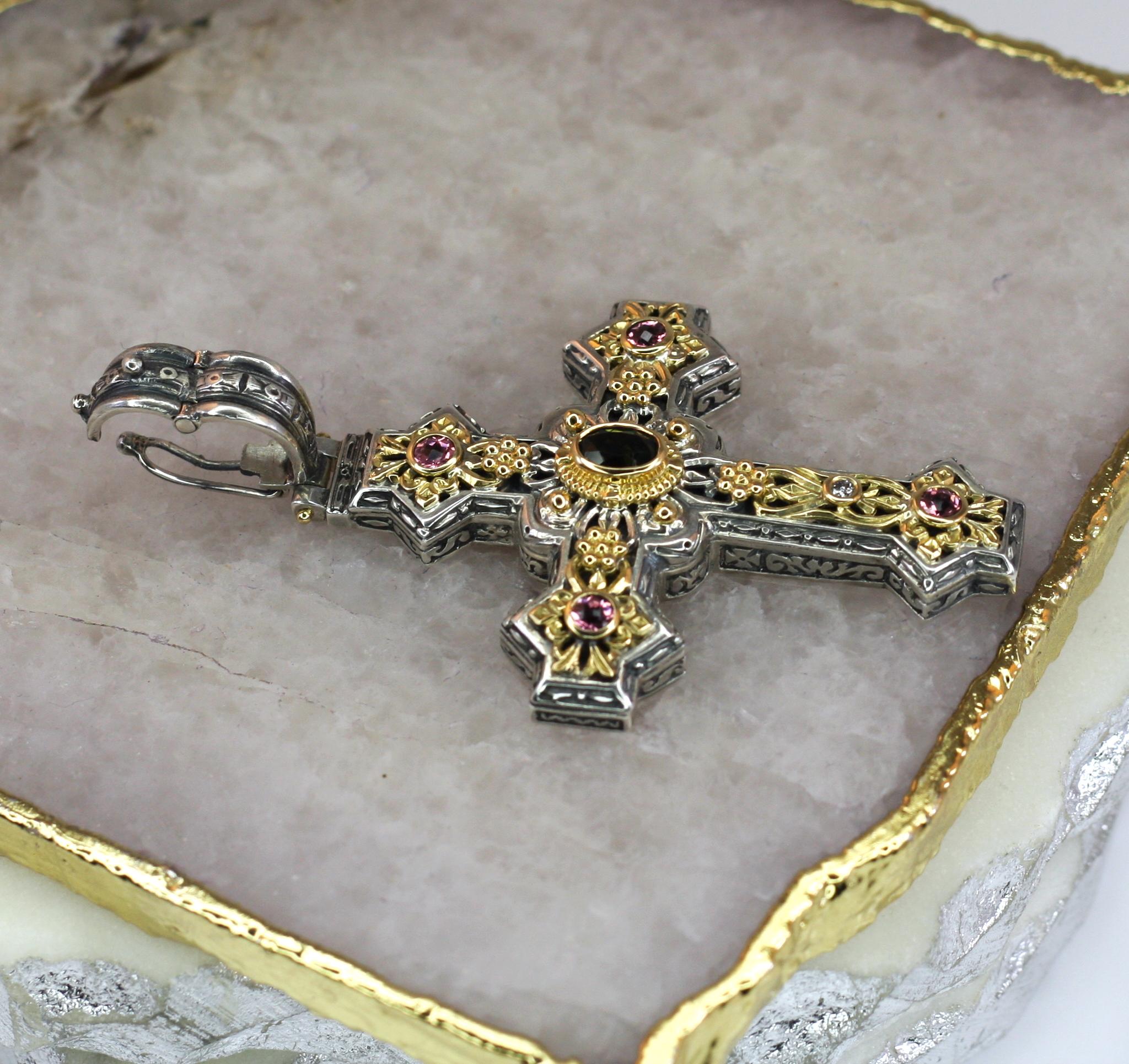 Women's or Men's Georgios Collections 18 Karat Gold and Silver Tourmaline Diamond Cross Pendant