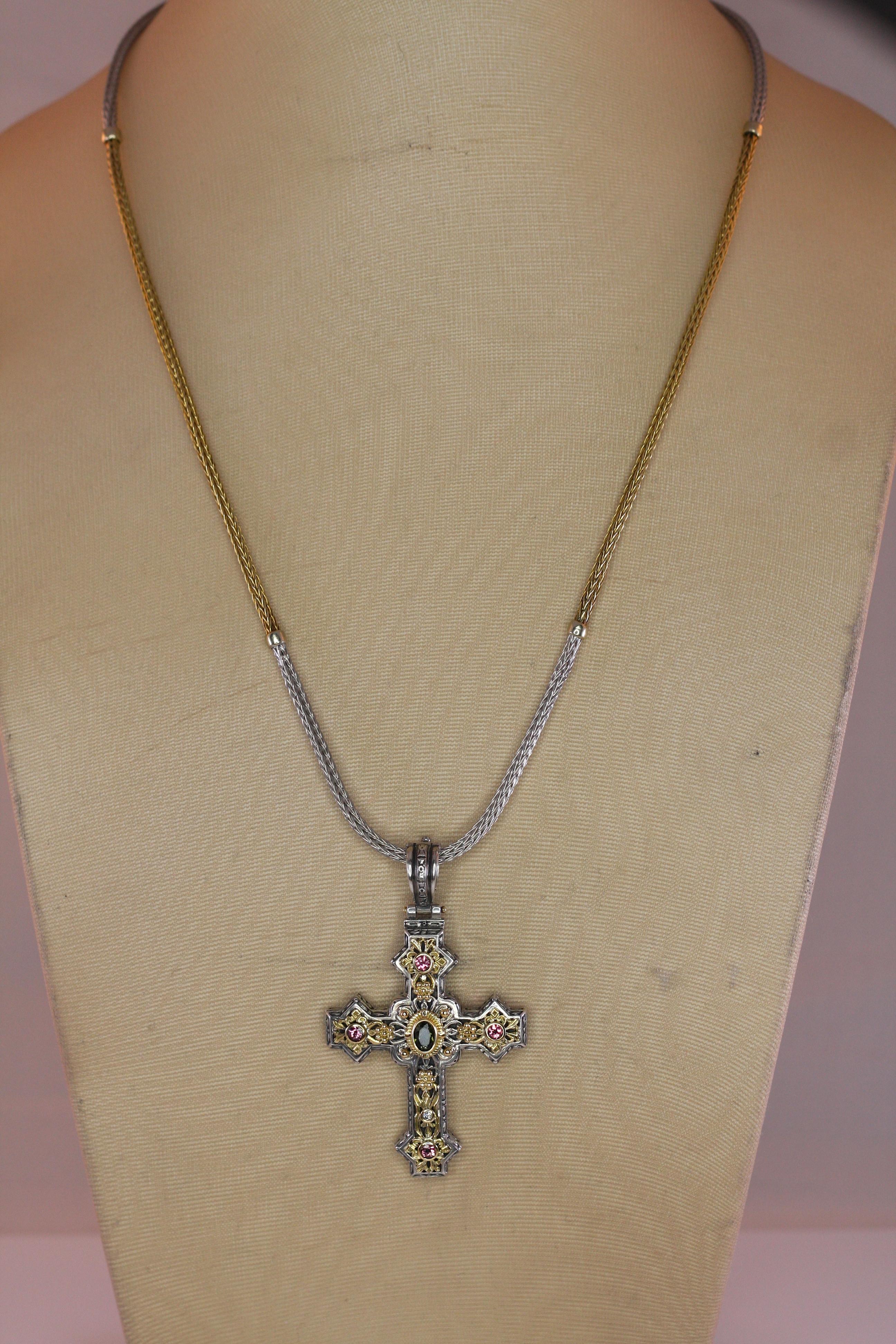 Georgios Collections 18 Karat Gold and Silver Tourmaline Diamond Cross Pendant 2