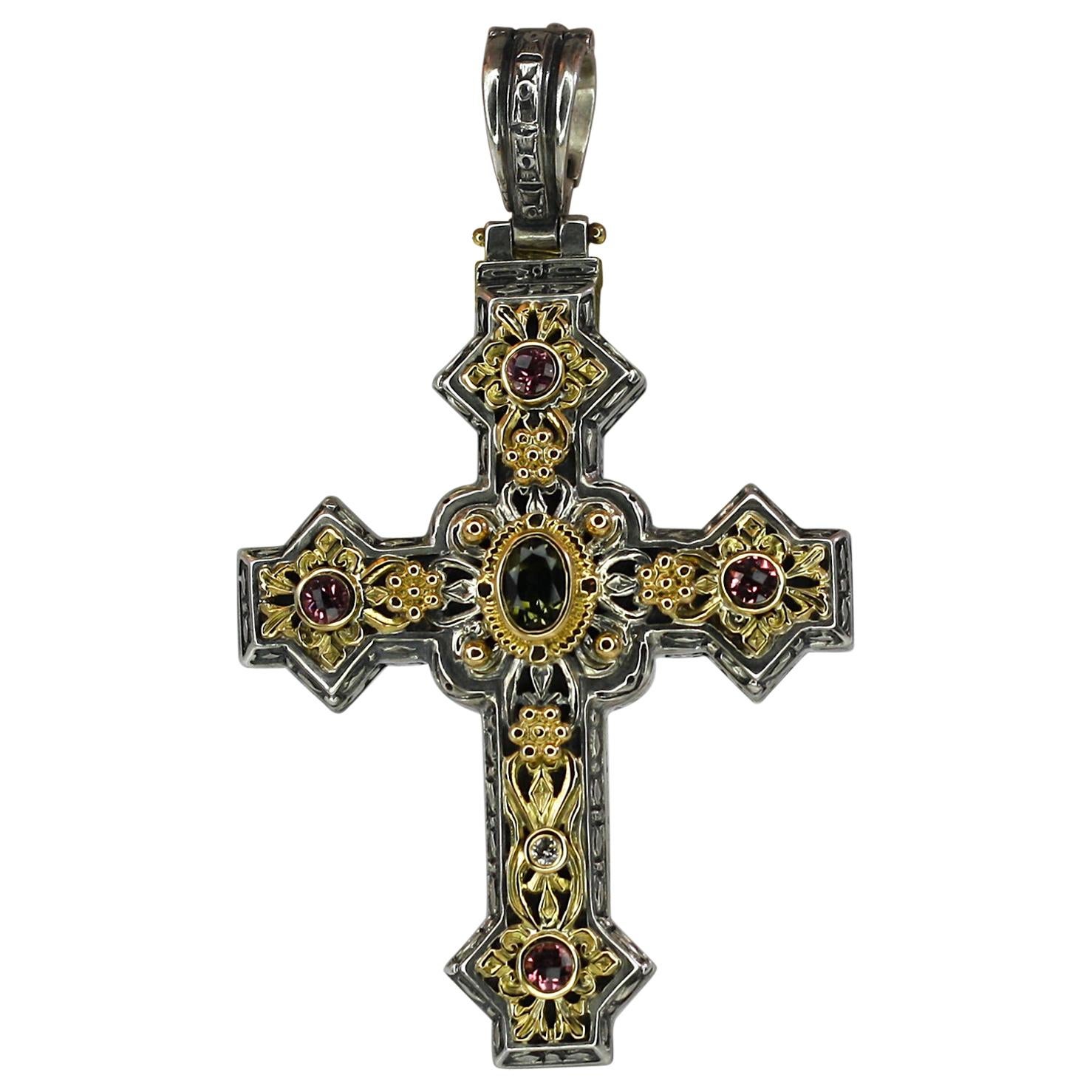 Georgios Collections 18 Karat Gold and Silver Tourmaline Diamond Cross Pendant