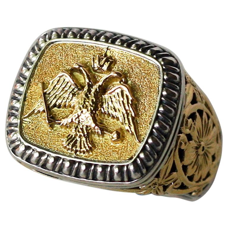 Georgios Collections 18 Karat Gold and Silver Unisex Double Headed Eagle Ring For Sale