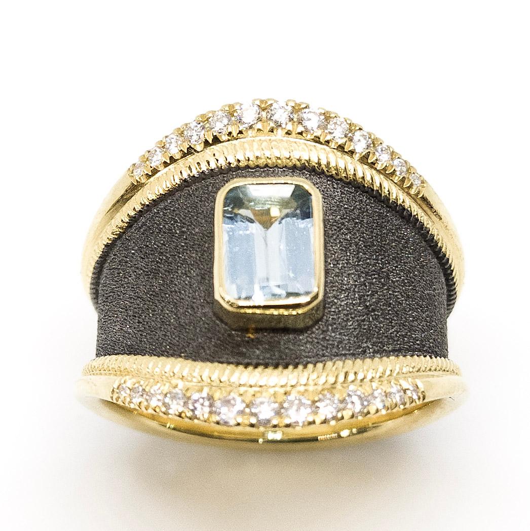 S.Georgios designer graduated ring handmade from solid 18 Karat Yellow Gold. The ring is microscopically decorated with 18 Karat yellow gold wires and a Byzantine velvet background finished with a layer of black rhodium. The ring features 0.81 Carat