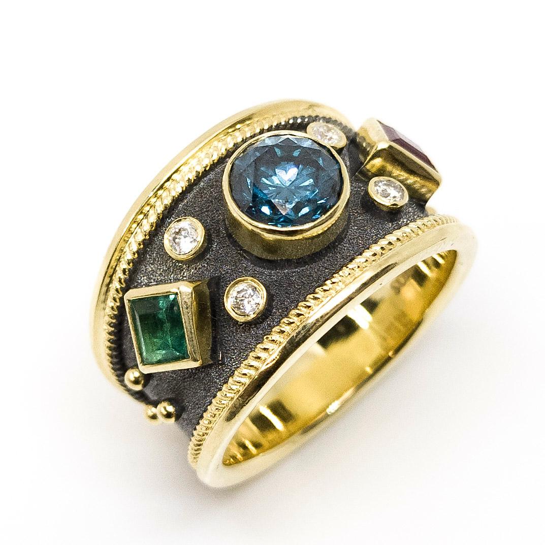 Georgios Kollektionen 18 Karat Gold Blauer Diamant-Smaragd-Rubin-Ring mit Rhodium (Byzantinisch) im Angebot