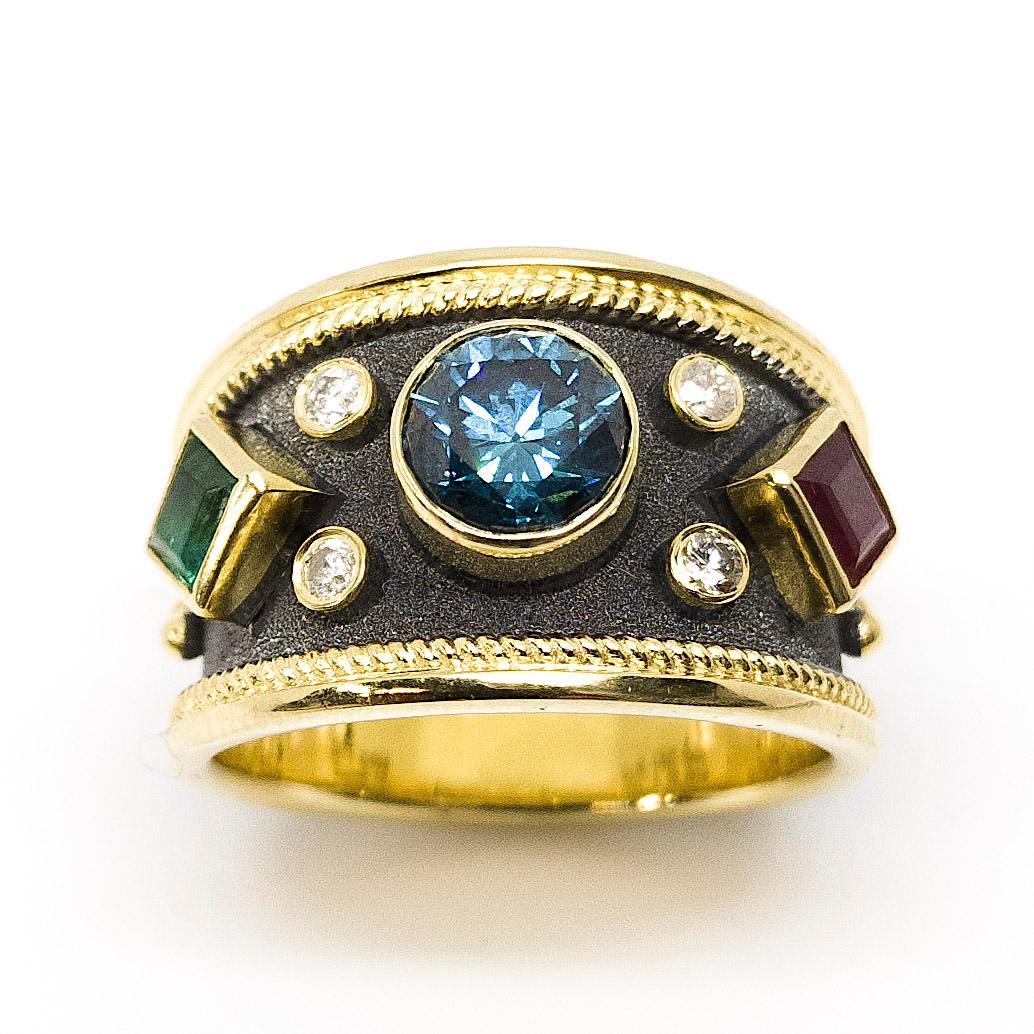 Byzantine Georgios Collections 18 Karat Gold Blue Diamond Emerald Ruby Ring with Rhodium For Sale