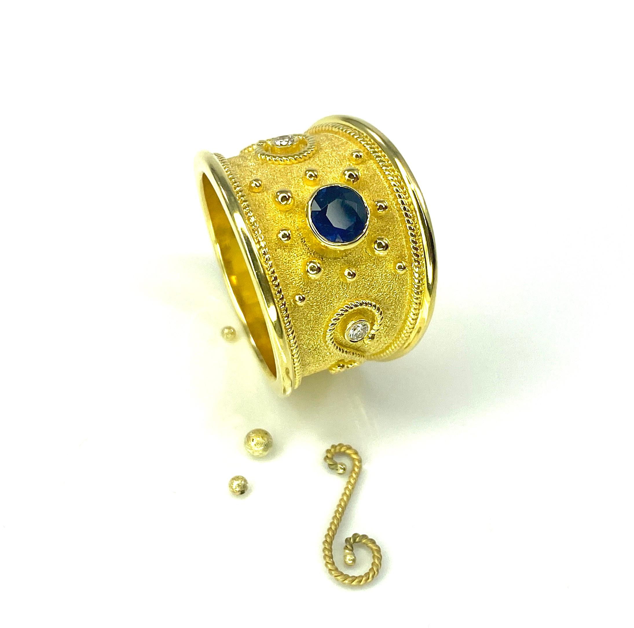 Georgios Collections 18 Karat Gold Blue Sapphire and Diamond Granulation Ring  For Sale 8