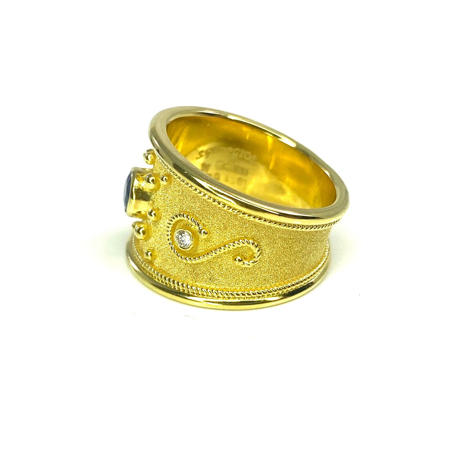 Georgios Kollektionen Granulation Ring aus 18 Karat Gold mit blauem Saphir und Diamant  (Byzantinisch) im Angebot