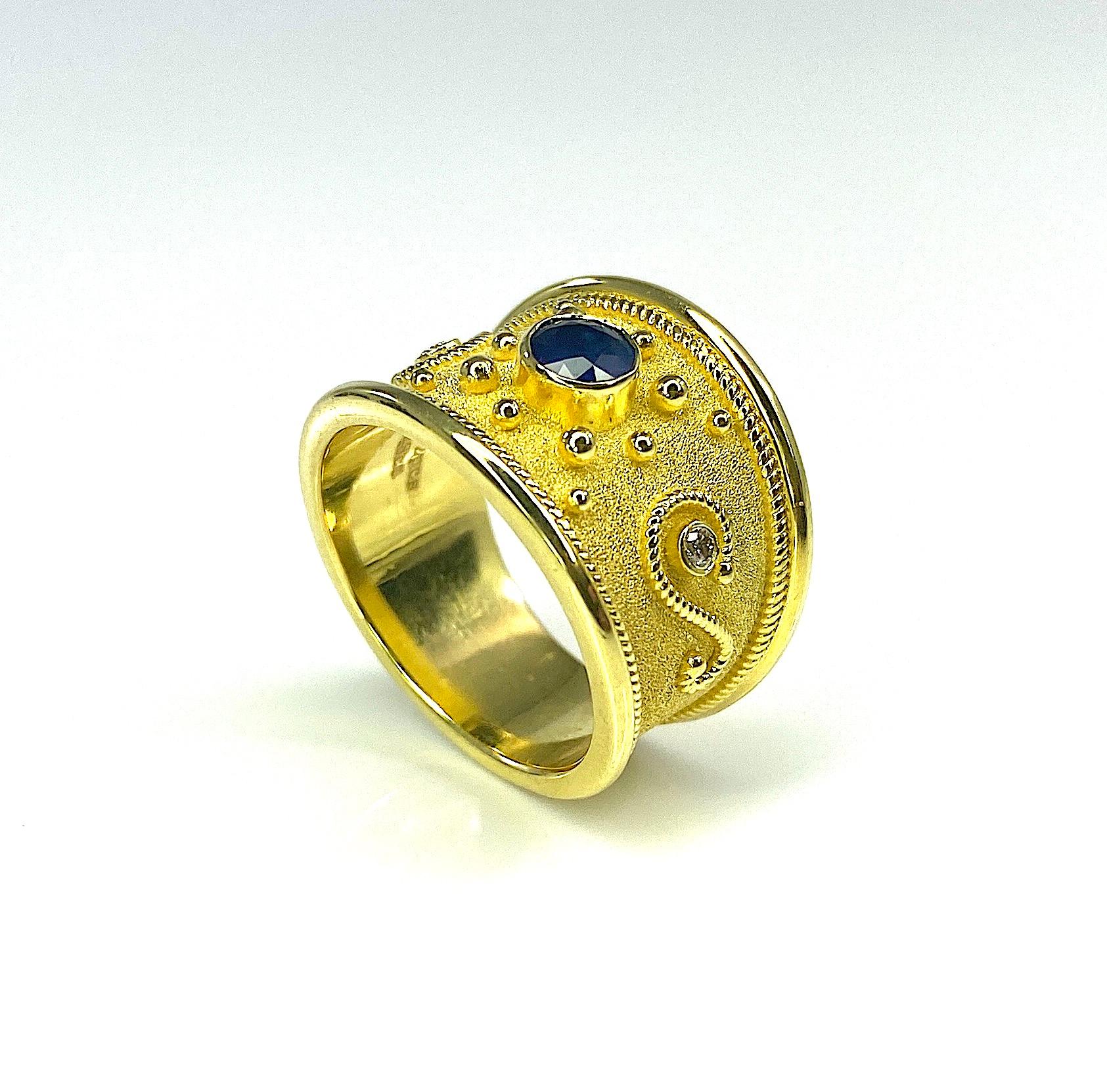 Georgios Collections 18 Karat Gold Blue Sapphire and Diamond Granulation Ring  For Sale 2