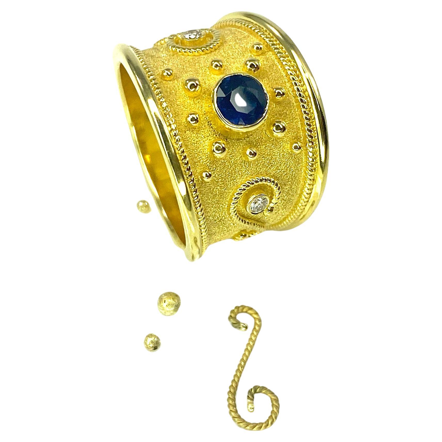 Georgios Collections 18 Karat Gold Blue Sapphire and Diamond Granulation Ring  For Sale