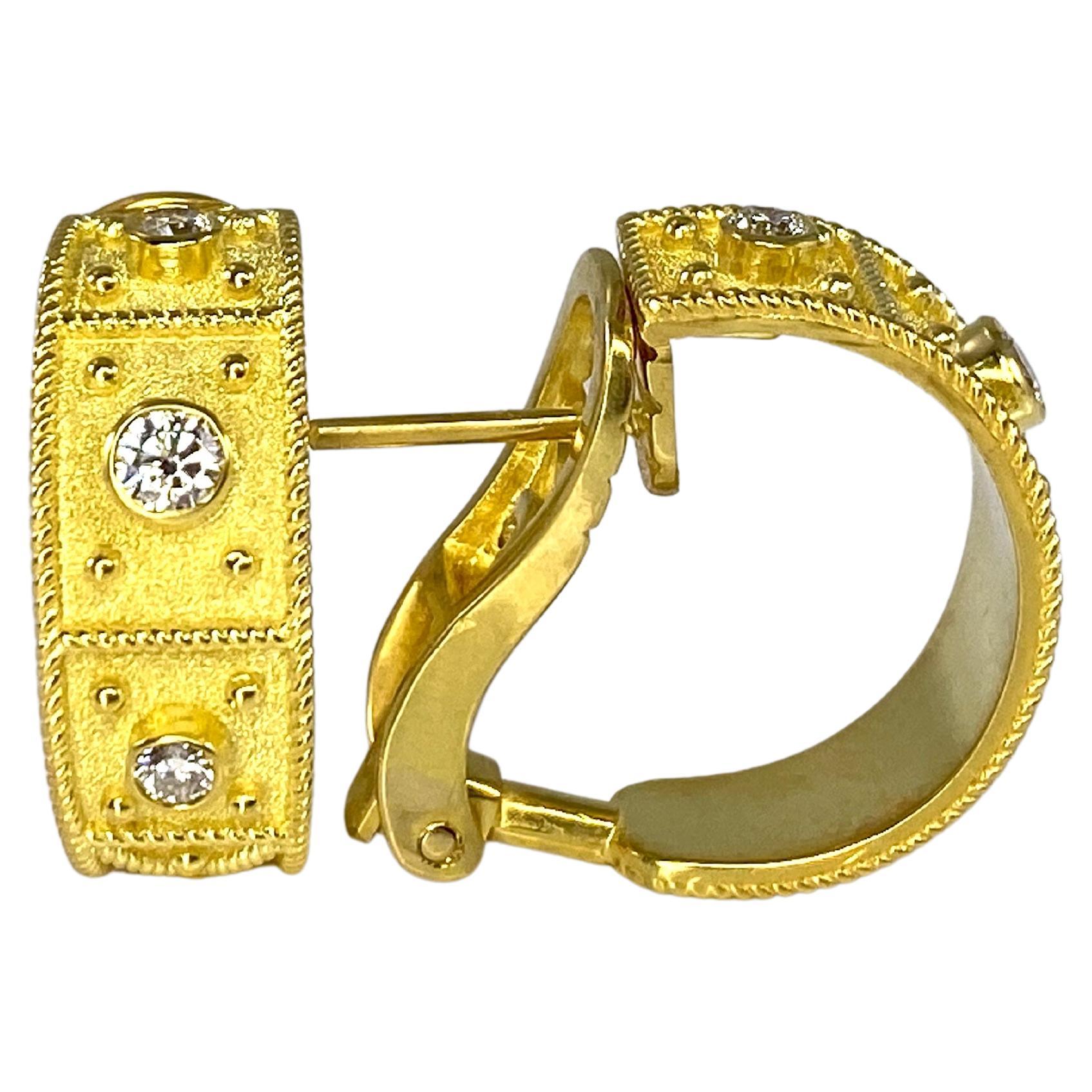 Georgios Collections 18 Karat Gold Byzantine Clip Hoop Earrings with Diamonds For Sale