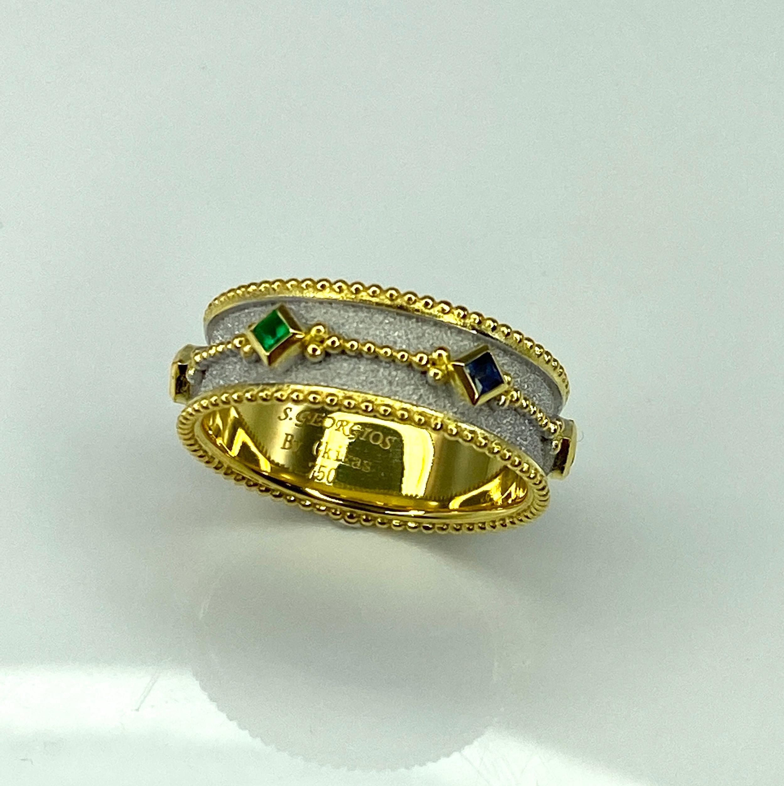 Georgios Collections Bague byzantine en or 18 carats avec rubis, saphir et émeraude en vente 6