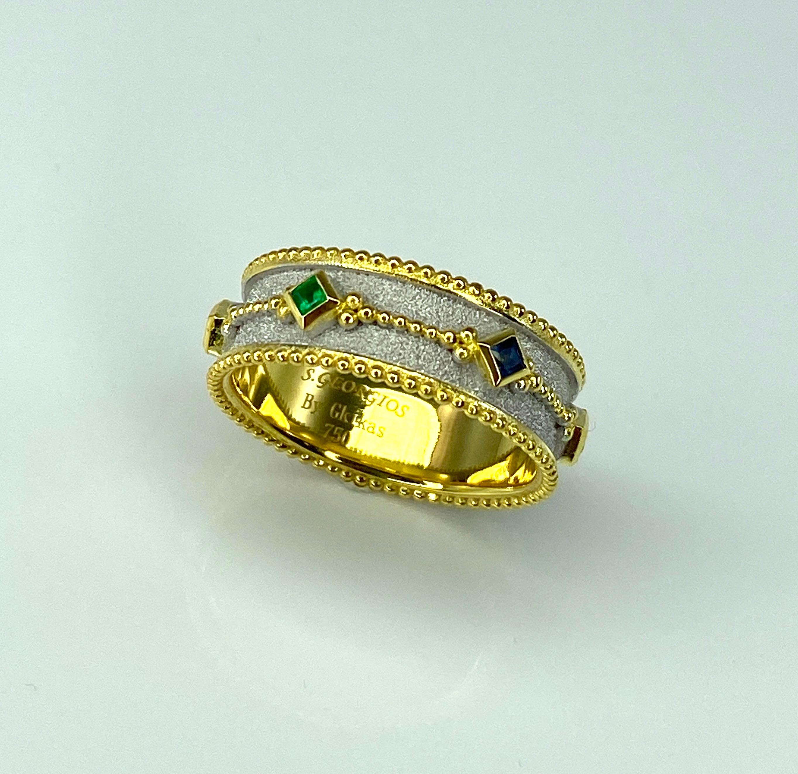 Georgios Collections 18 Karat Gold Byzantine Ring with Ruby Sapphire Emerald For Sale 8