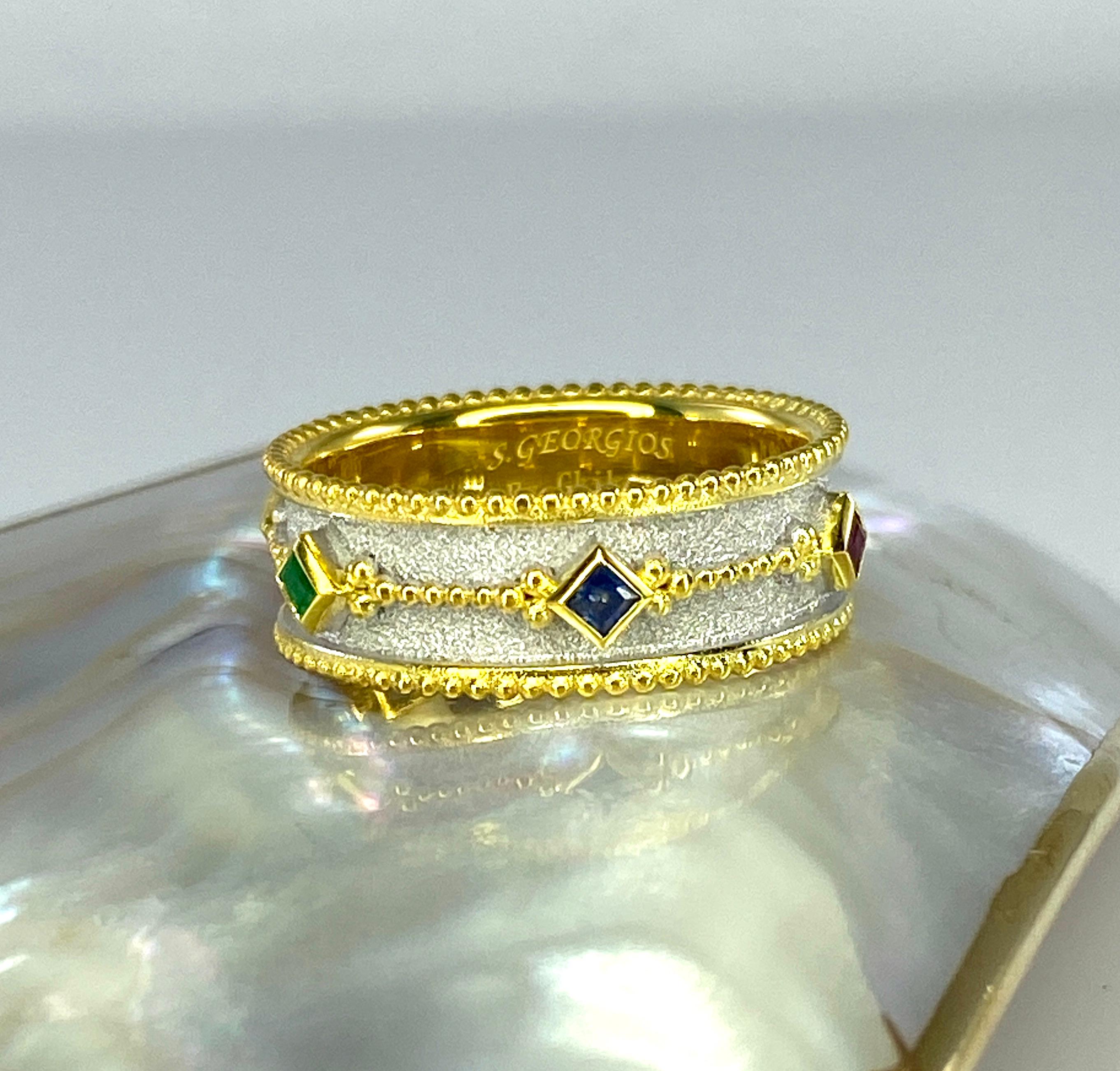 Georgios Collections 18 Karat Gold Byzantine Ring with Ruby Sapphire Emerald For Sale 9