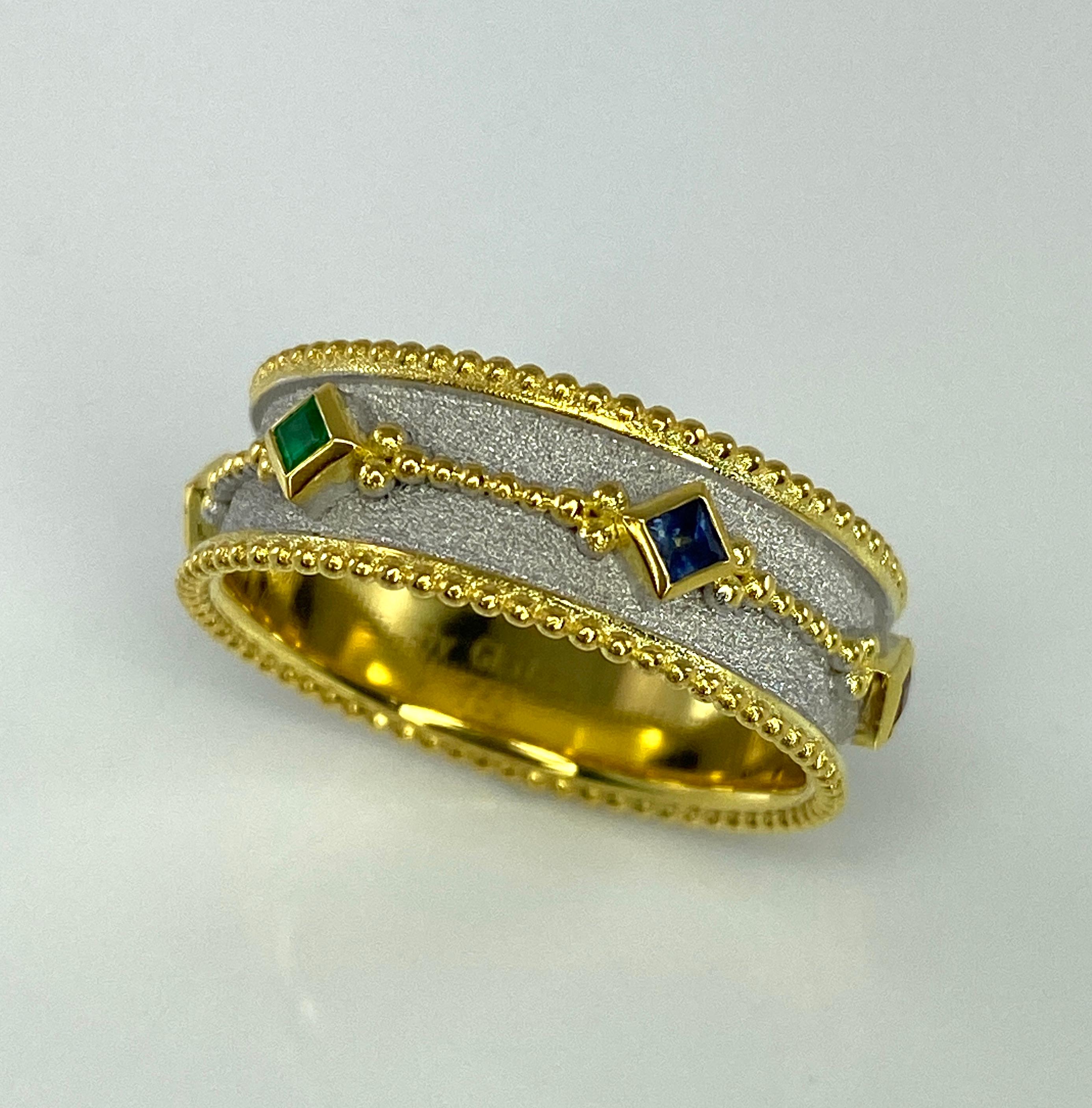 Women's or Men's Georgios Collections 18 Karat Gold Byzantine Ring with Ruby Sapphire Emerald For Sale