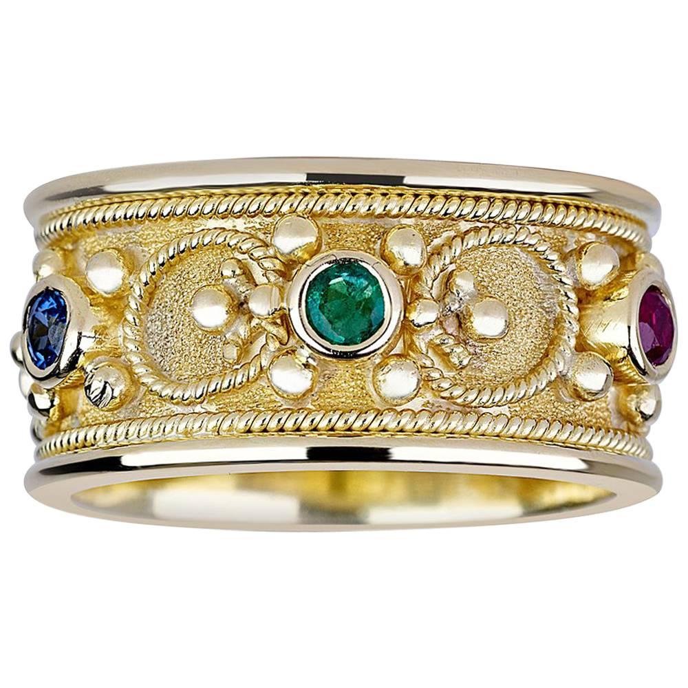 Georgios Collections 18 Karat Gold Byzantine Ring with Ruby Sapphire Emerald For Sale
