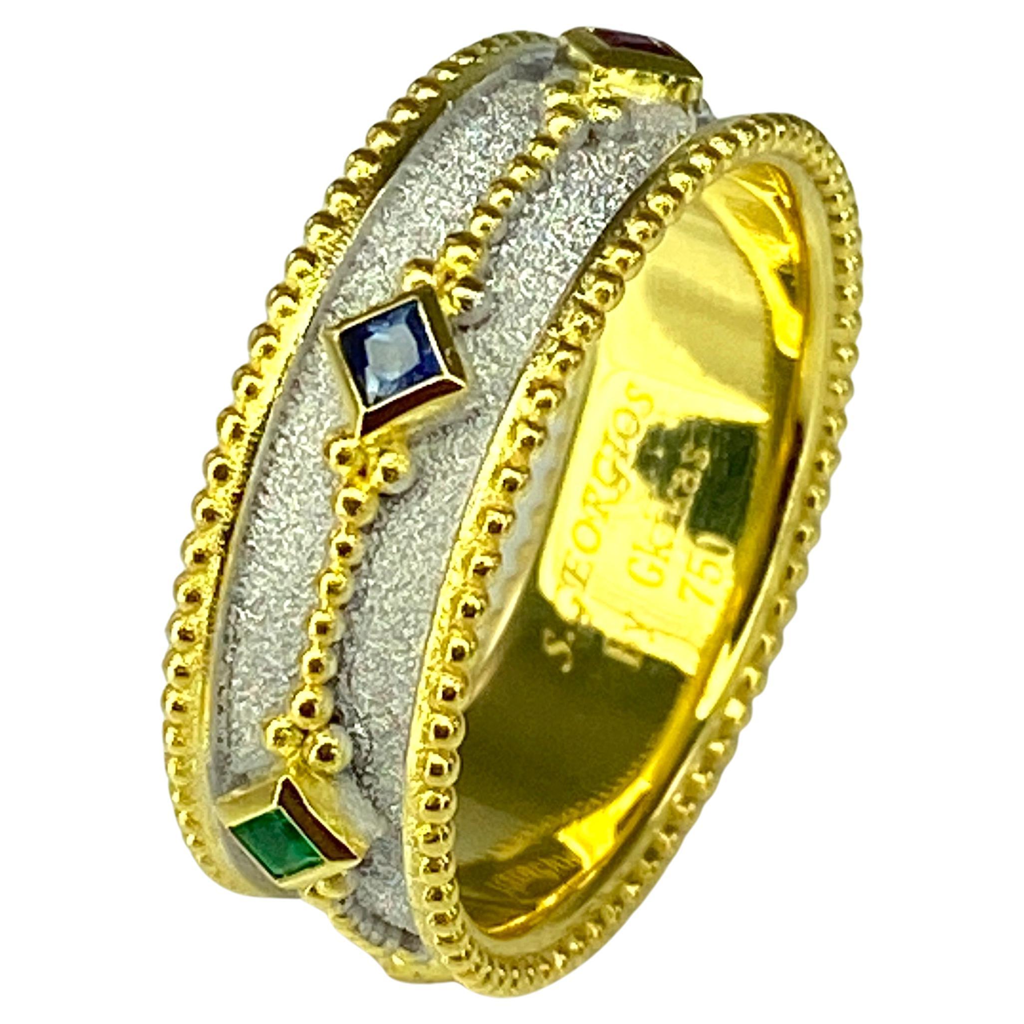 Georgios Collections 18 Karat Gold Byzantine Ring with Ruby Sapphire Emerald For Sale