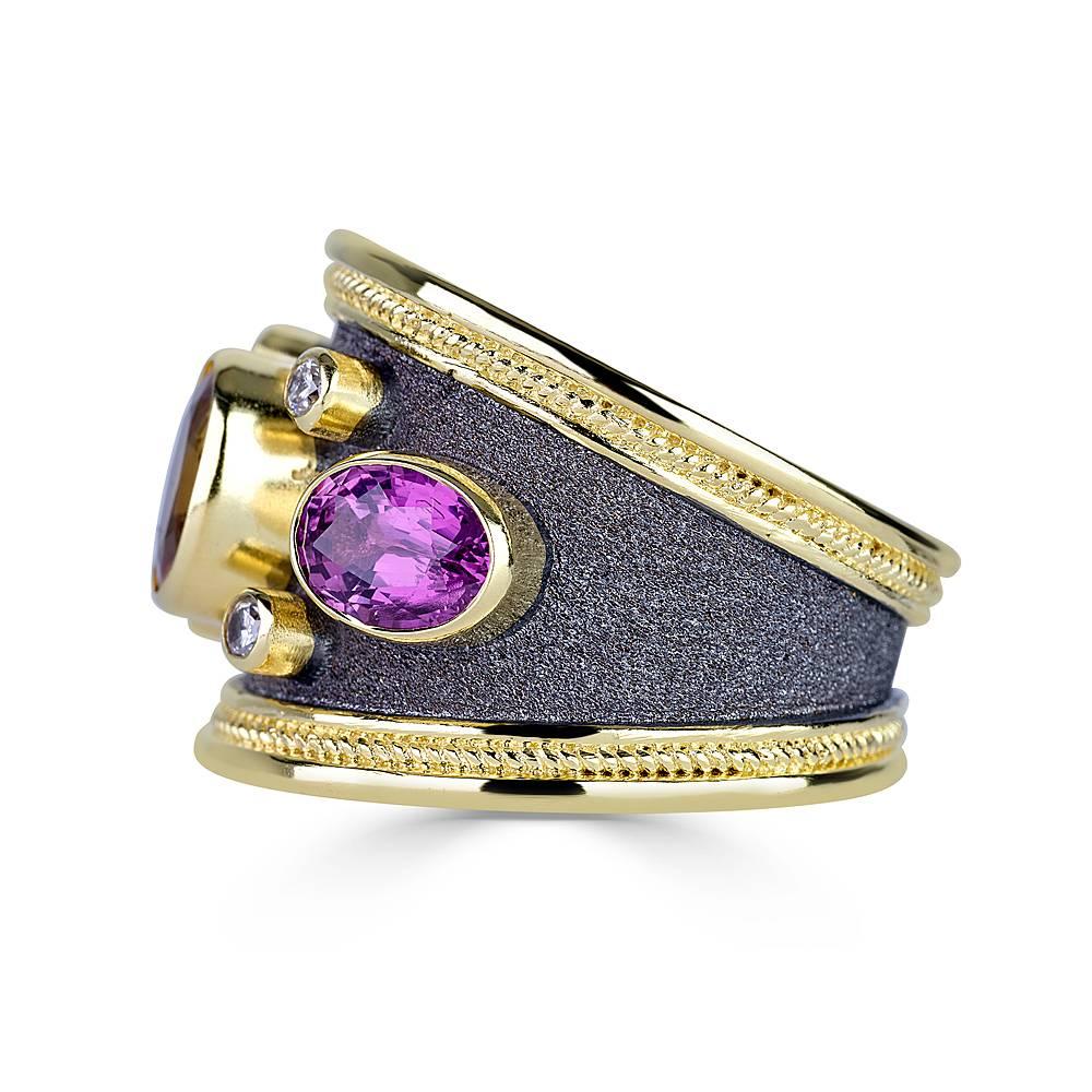 Oval Cut Georgios Collections 18 Karat Yellow Gold Multi Color Sapphire and Diamond Ring