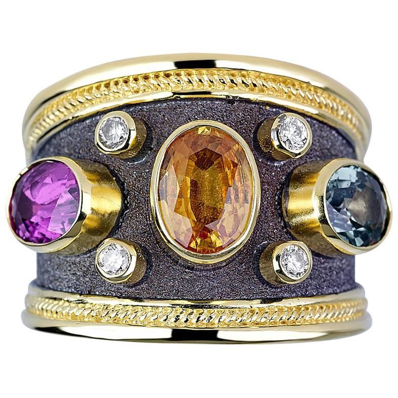 Georgios Collections 18 Karat Yellow Gold Multi Color Sapphire and Diamond Ring