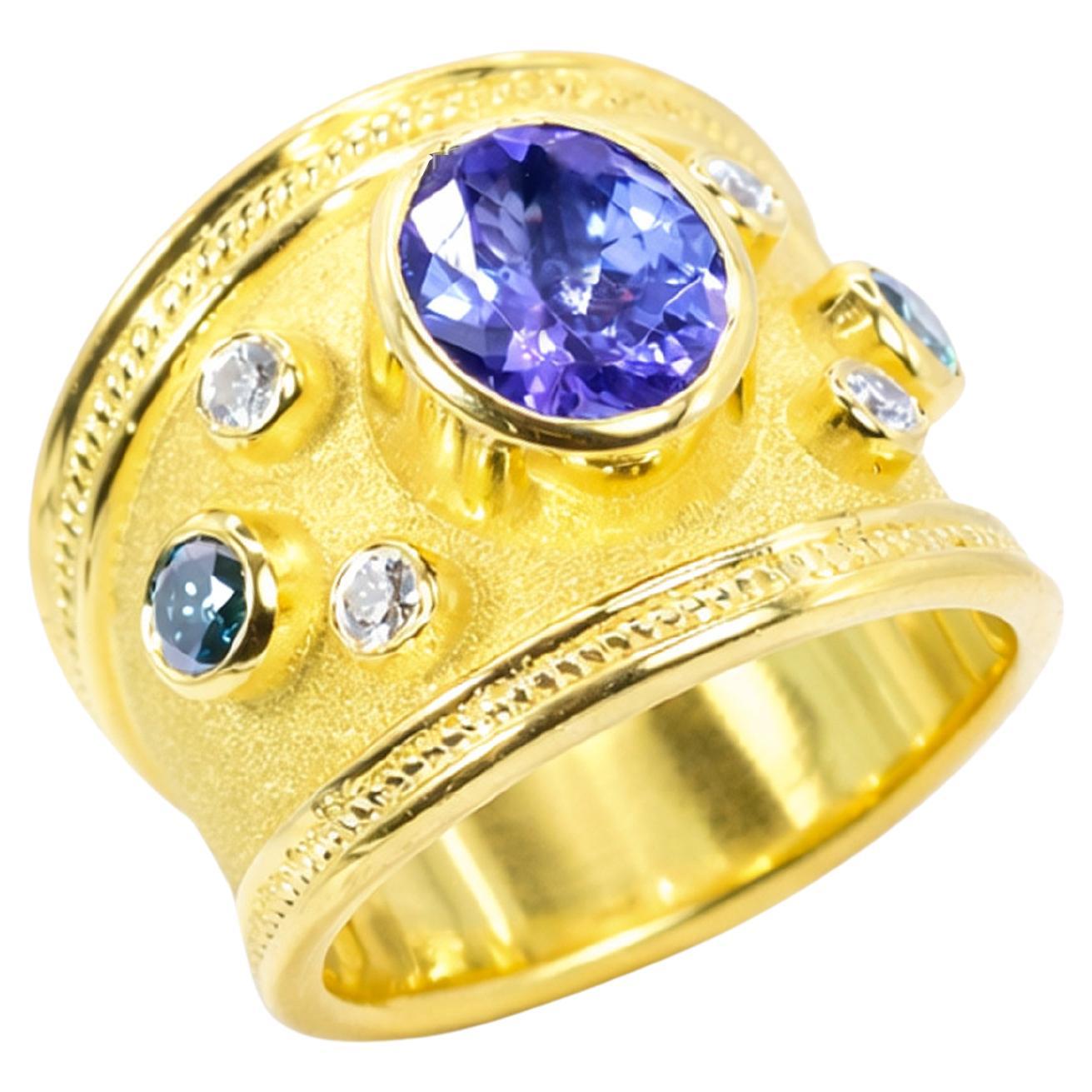 Georgios Collections Bague en or 18 carats Tanzanite byzantine et diamants bleus en vente