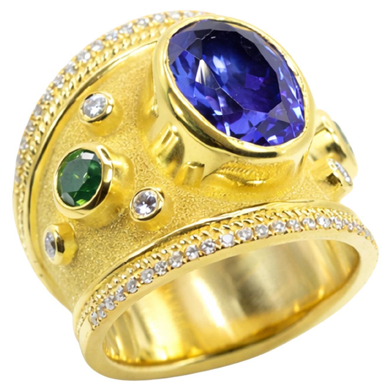 Georgios Collections 18 Karat Gold Byzantine Tanzanite and Green Diamonds Ring For Sale