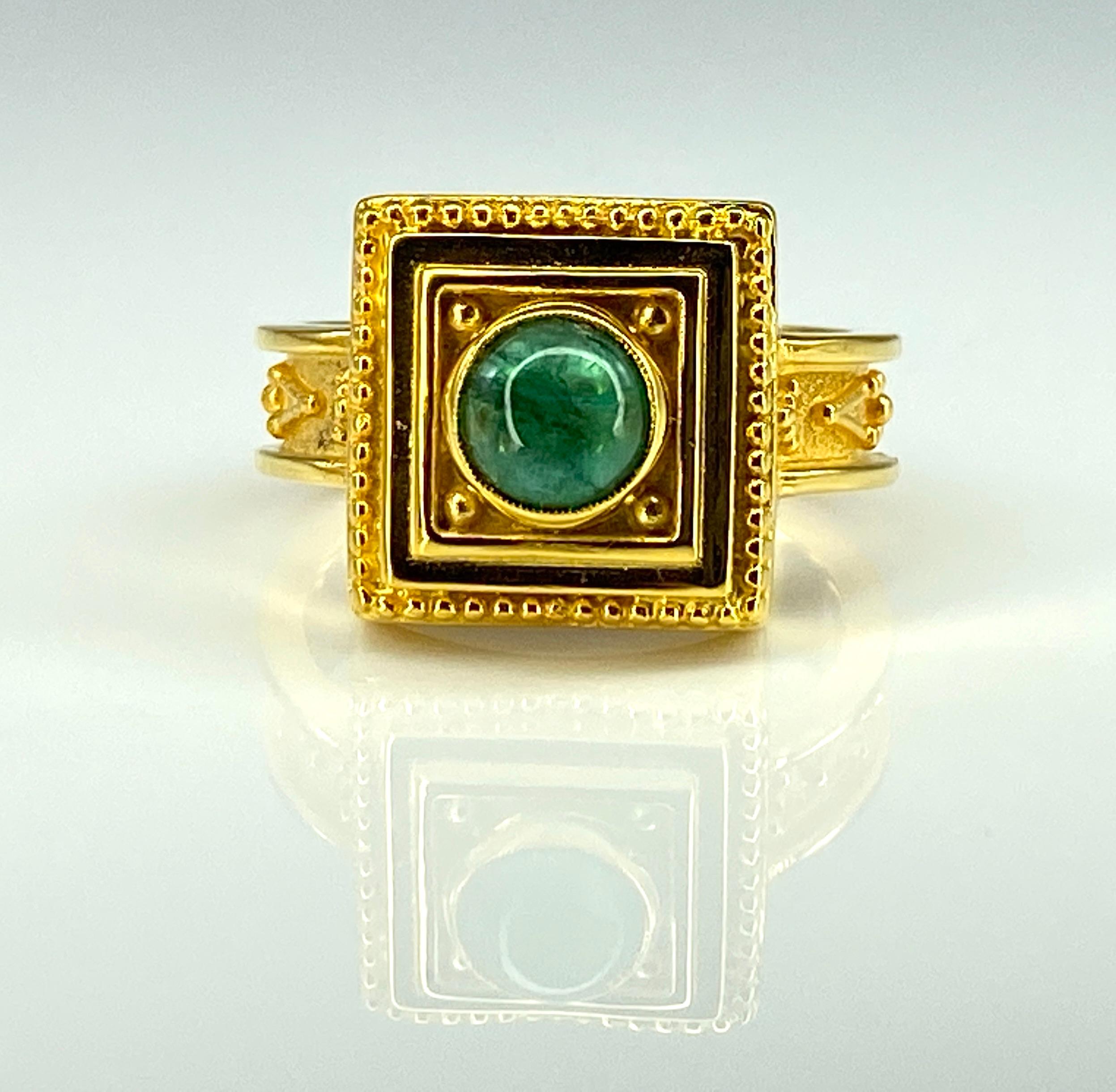 Georgios Collections 18 Karat Gold Cabochon Emerald Ring with Granulation In New Condition For Sale In Astoria, NY