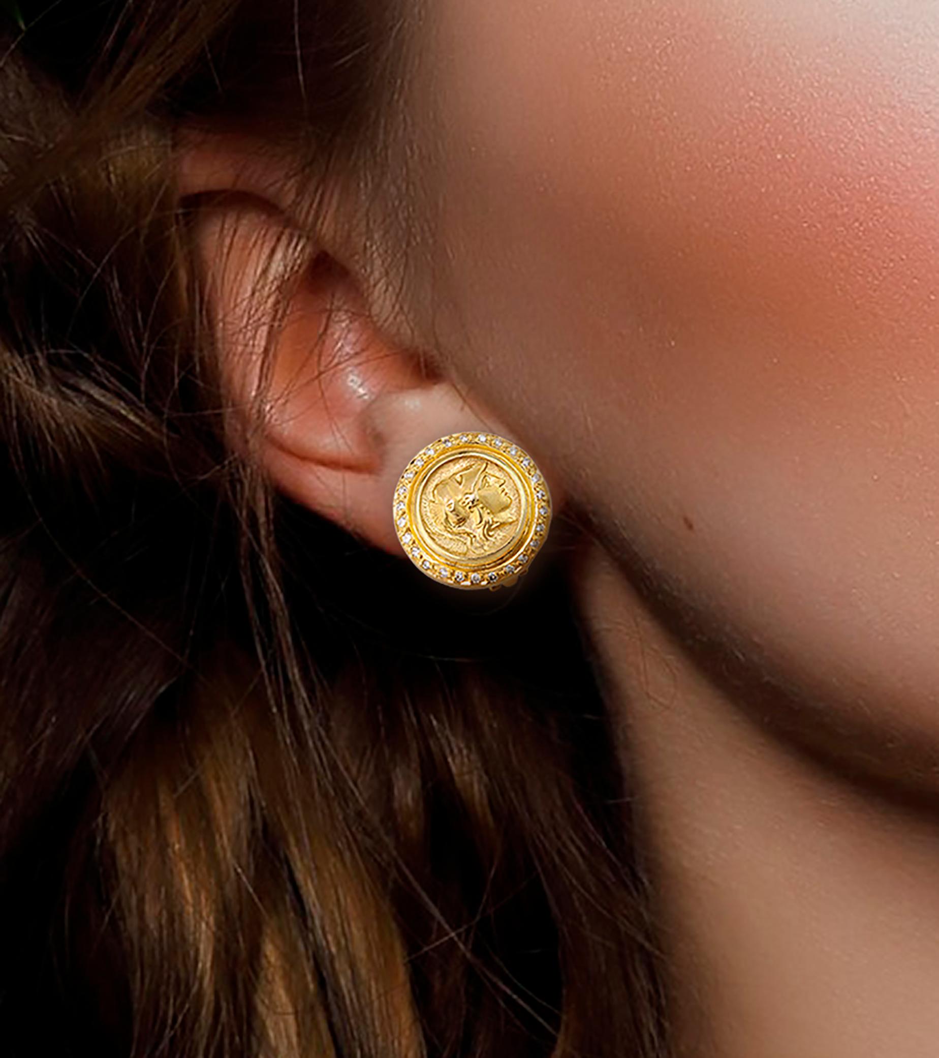 Georgios Collections 18 Karat Gold Clip Earrings with Athina Coin and Diamonds For Sale 1