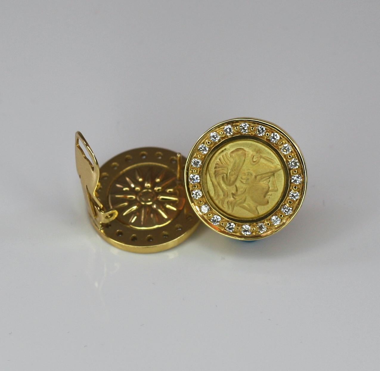 Georgios Collections 18 Karat Gold Clip Earrings with Athina Coin and Diamonds For Sale 3