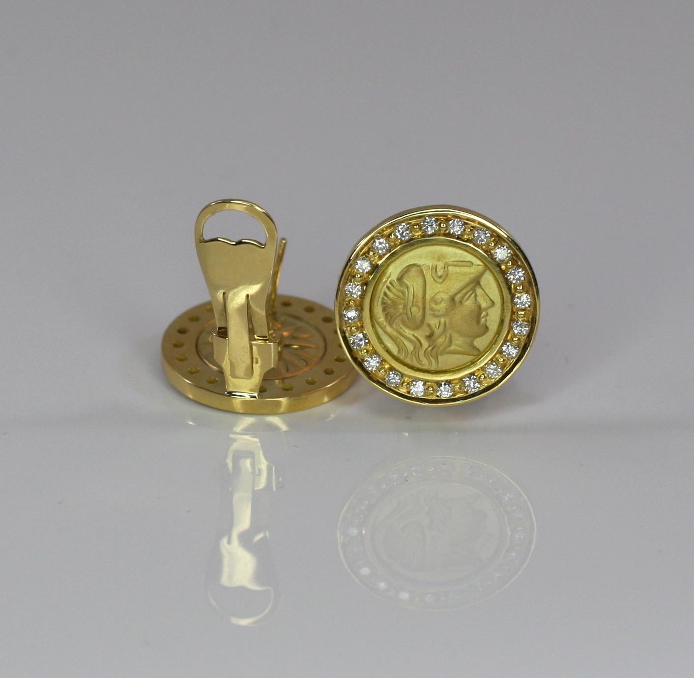 Georgios Collections 18 Karat Gold Clip Earrings with Athina Coin and Diamonds For Sale 4