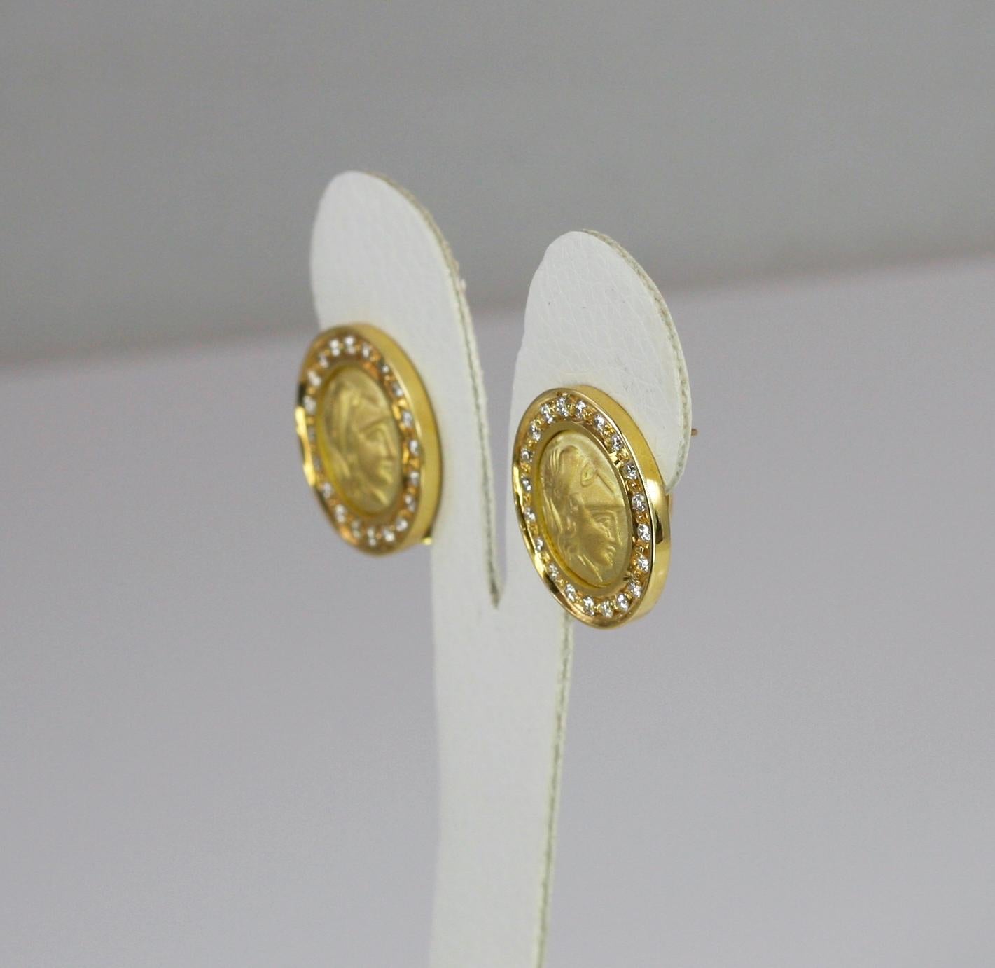 Georgios Kollektionen 18 Karat Gold Clip-Ohrringe mit Athina- Münze und Diamanten (Rundschliff) im Angebot