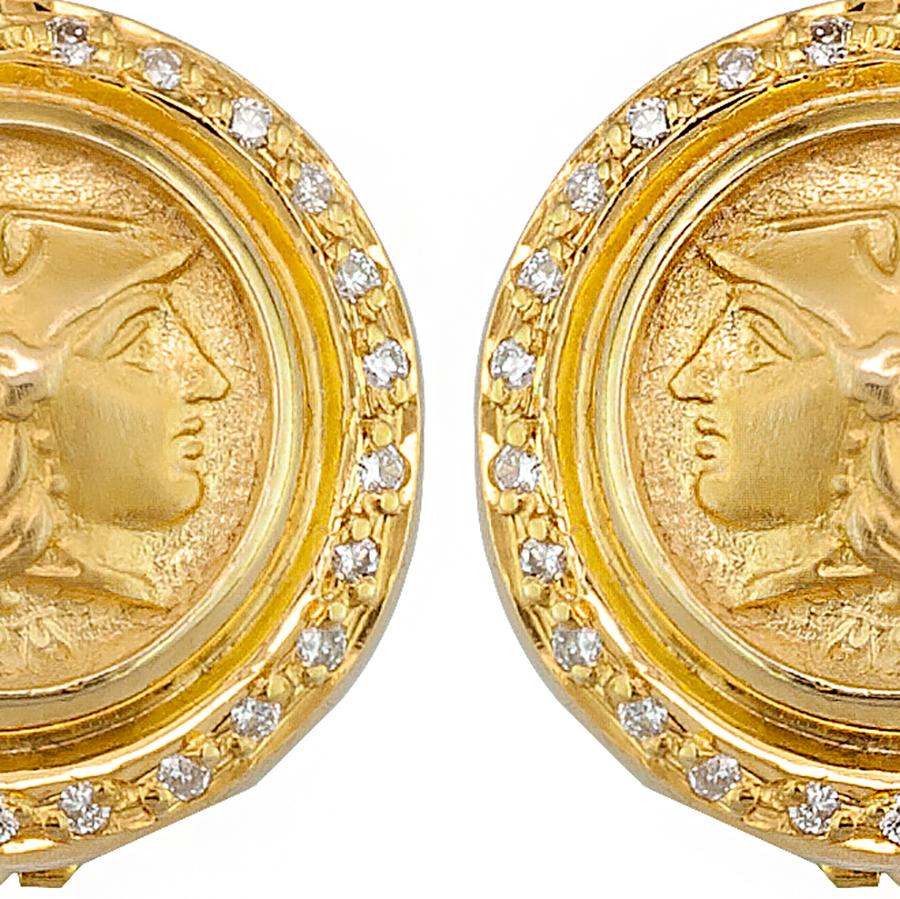 Round Cut Georgios Collections 18 Karat Gold Clip Earrings with Athina Coin and Diamonds For Sale
