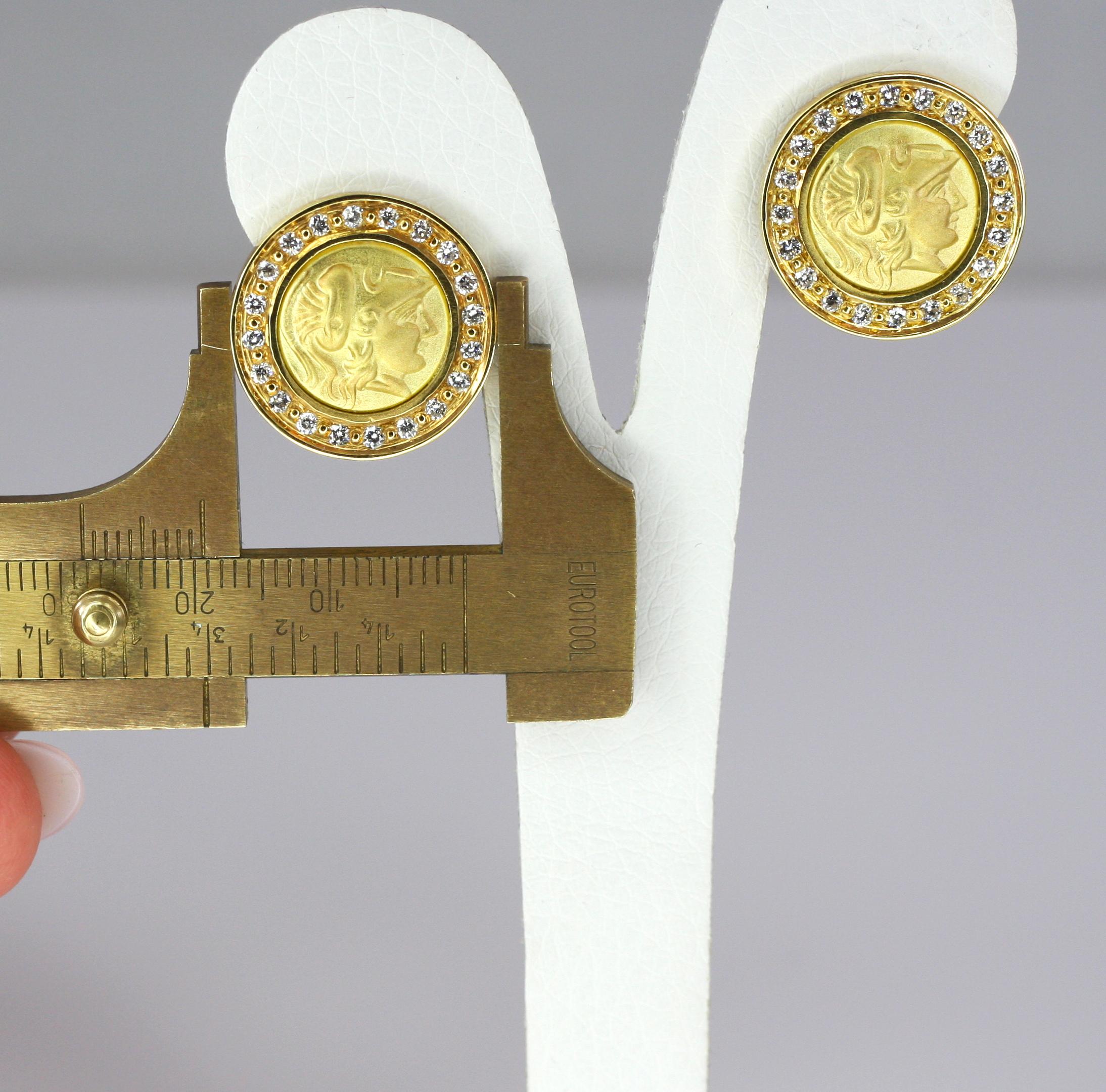 Georgios Collections 18 Karat Gold Clip Earrings with Athina Coin and Diamonds In New Condition For Sale In Astoria, NY
