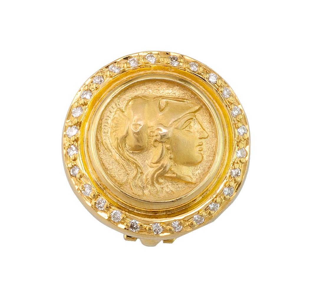 Georgios Collections 18 Karat Gold Clip Earrings with Athina Coin and Diamonds In New Condition For Sale In Astoria, NY