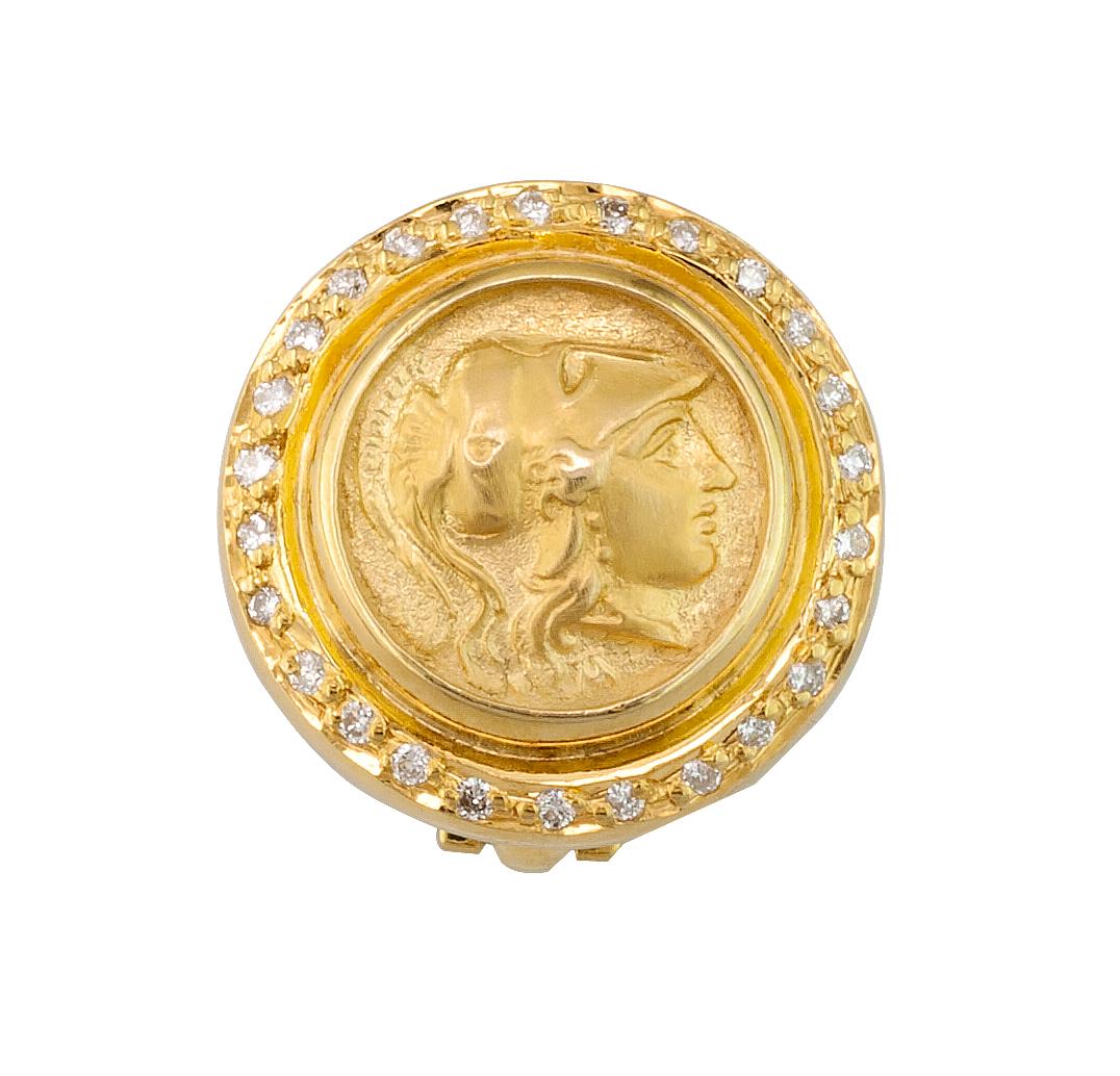 Georgios Kollektionen 18 Karat Gold Clip-Ohrringe mit Athina- Münze und Diamanten im Angebot 2