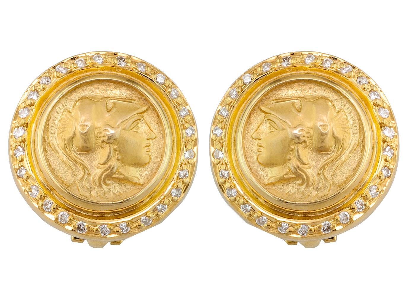 Women's Georgios Collections 18 Karat Gold Clip Earrings with Athina Coin and Diamonds For Sale