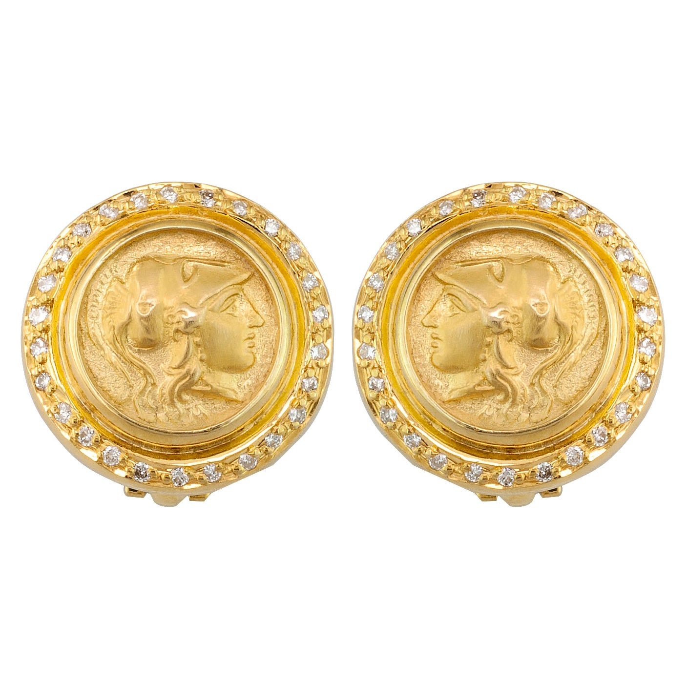 Orecchini a clip in oro 18 carati Georgios Collections con moneta Athina e diamanti